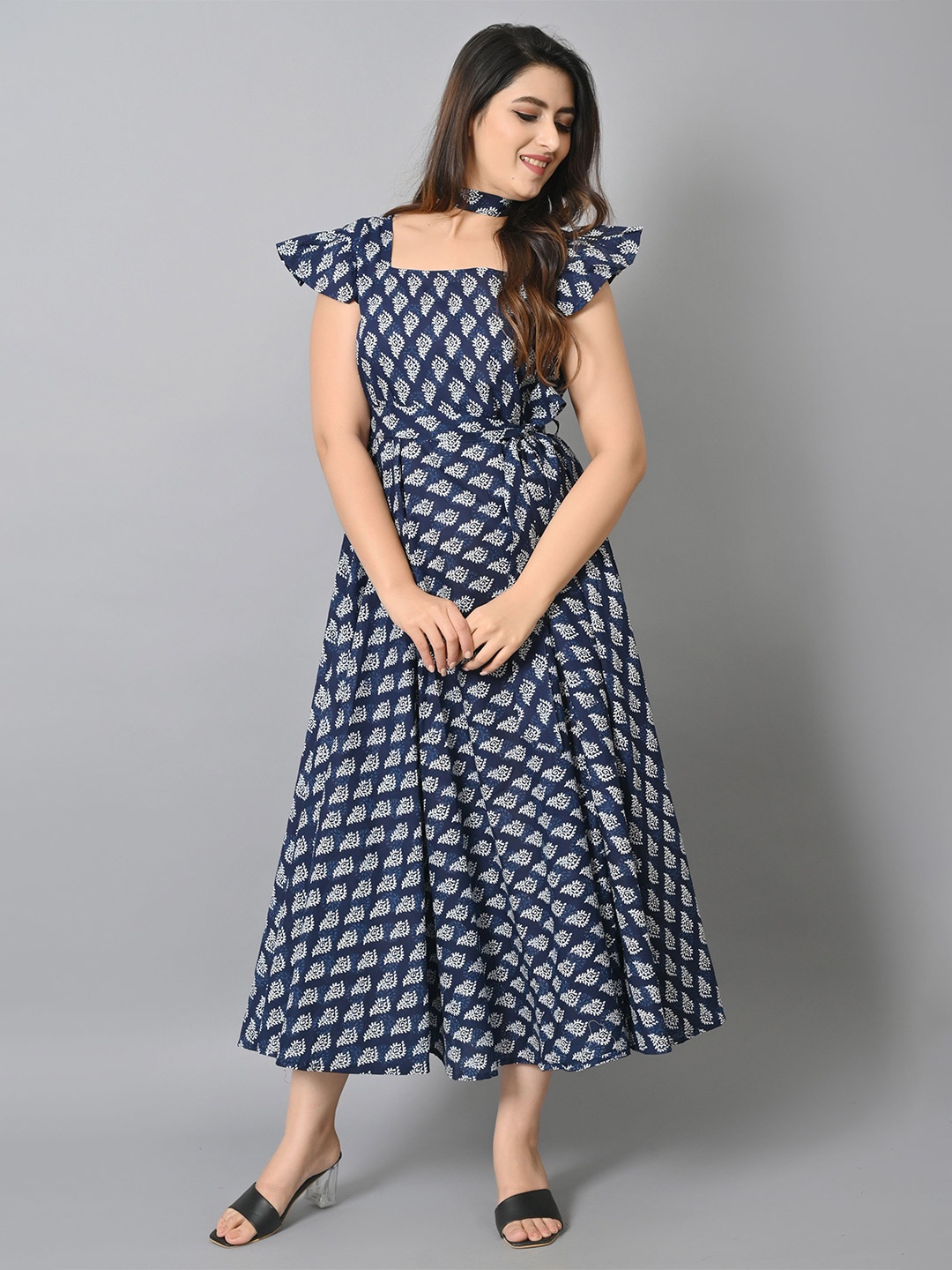 

VASTRAMANIAA Ethnic Motifs Midi Cotton Dress, Navy blue