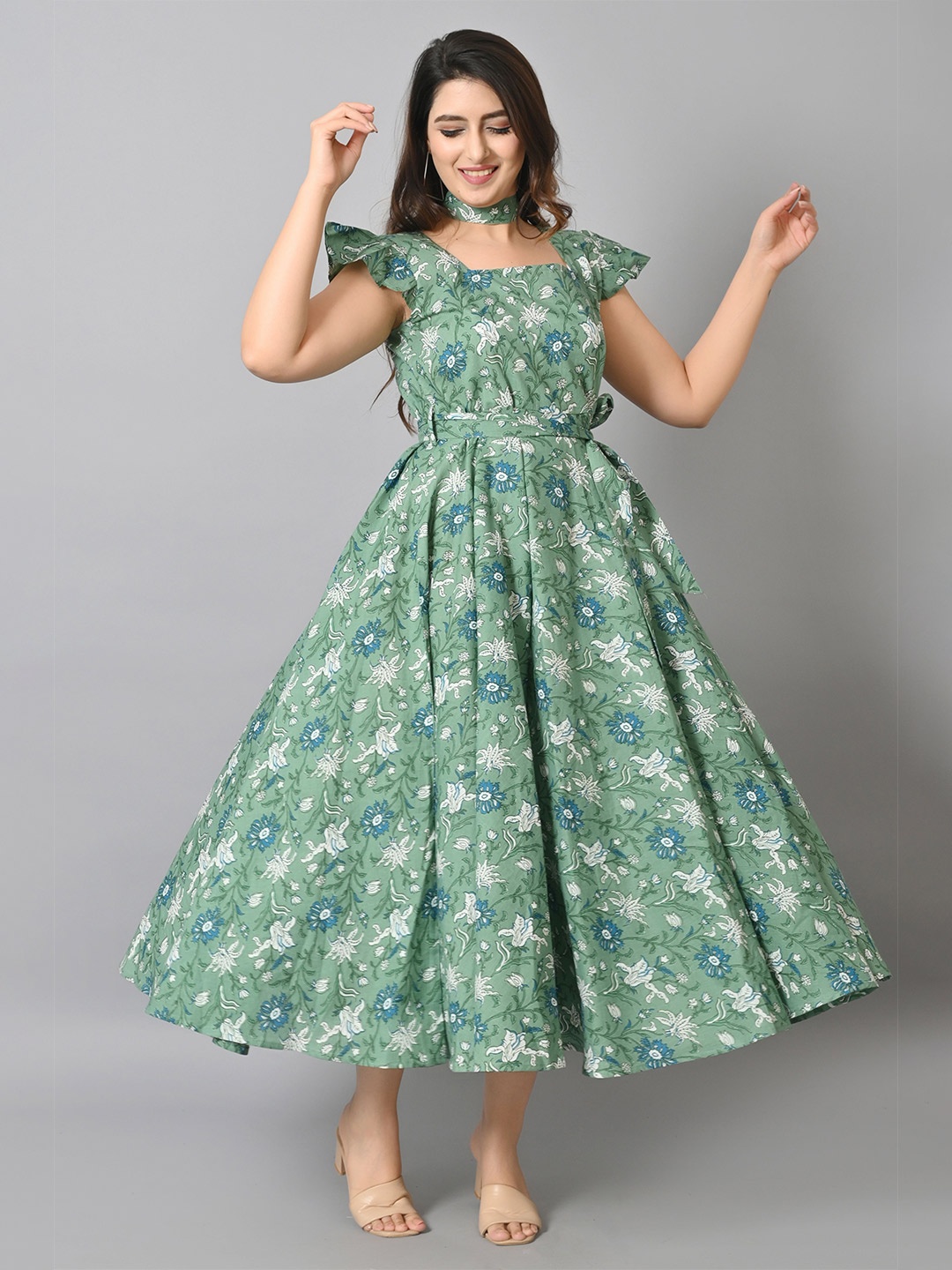 

VASTRAMANIAA Floral Maxi Cotton Dress, Green