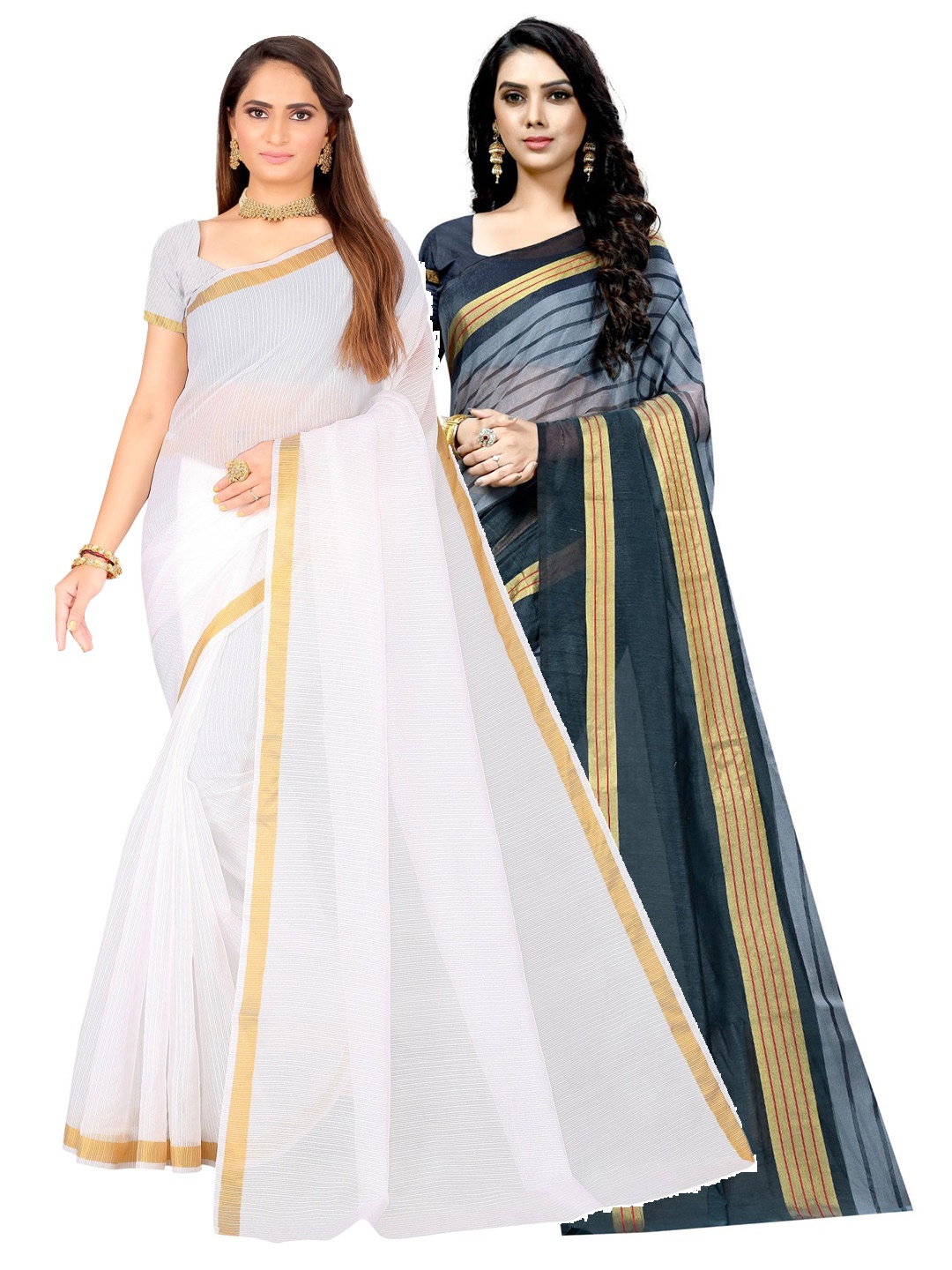 

KALINI Pack Of 2 Striped Cotton Blend Ilkal Saree, White