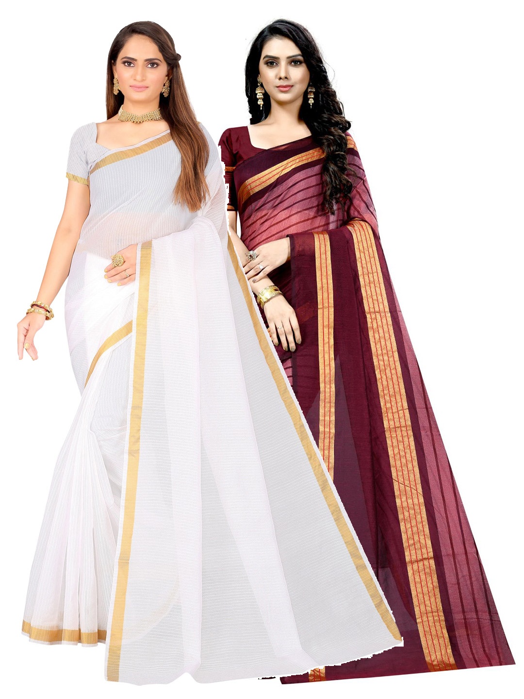 

KALINI Pack Of 2 Striped Cotton Blend Ilkal Saree, White