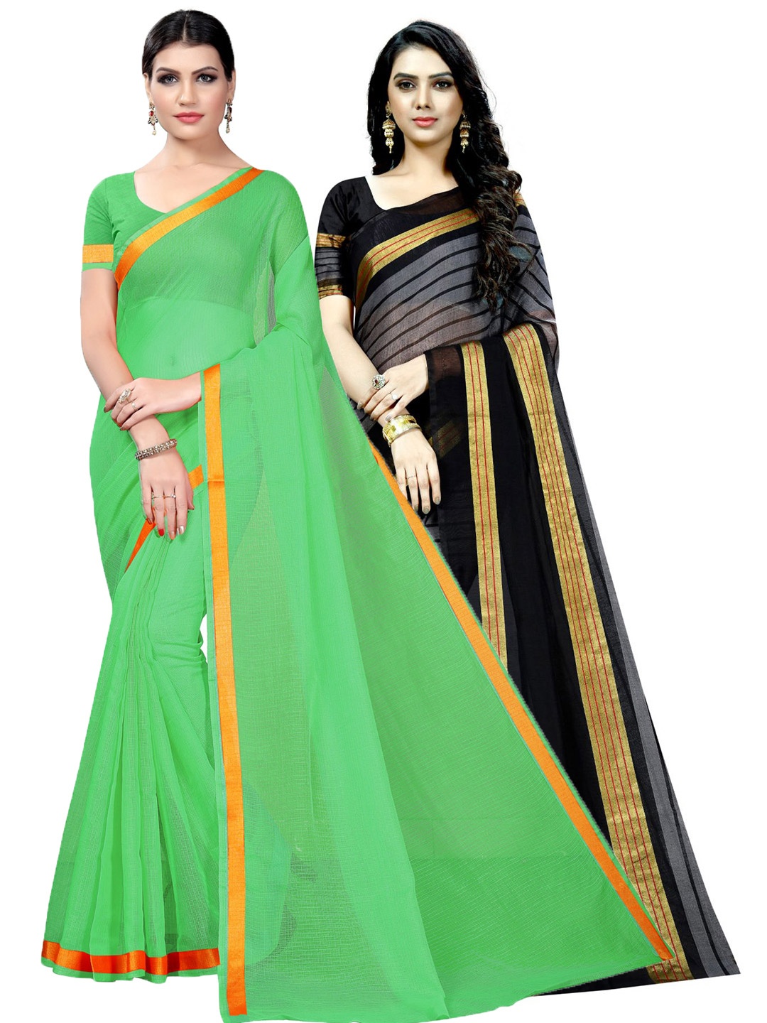 

KALINI Pack Of 2 Striped Cotton Blend Ilkal Saree, Green