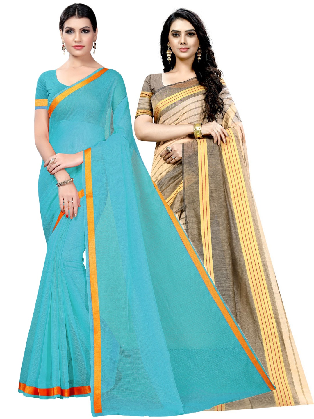 

KALINI Pack of 2 Cotton Silk Ilkal Saree, Turquoise blue