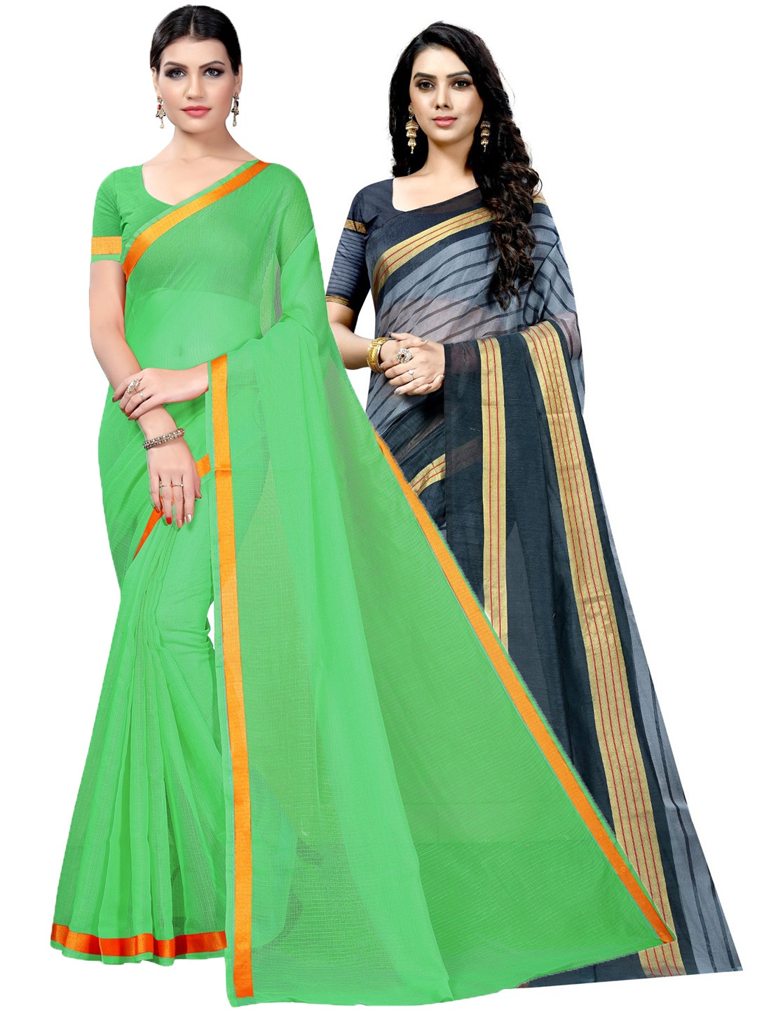

KALINI Pack Of 2 Zari Ilkal Saree, Green