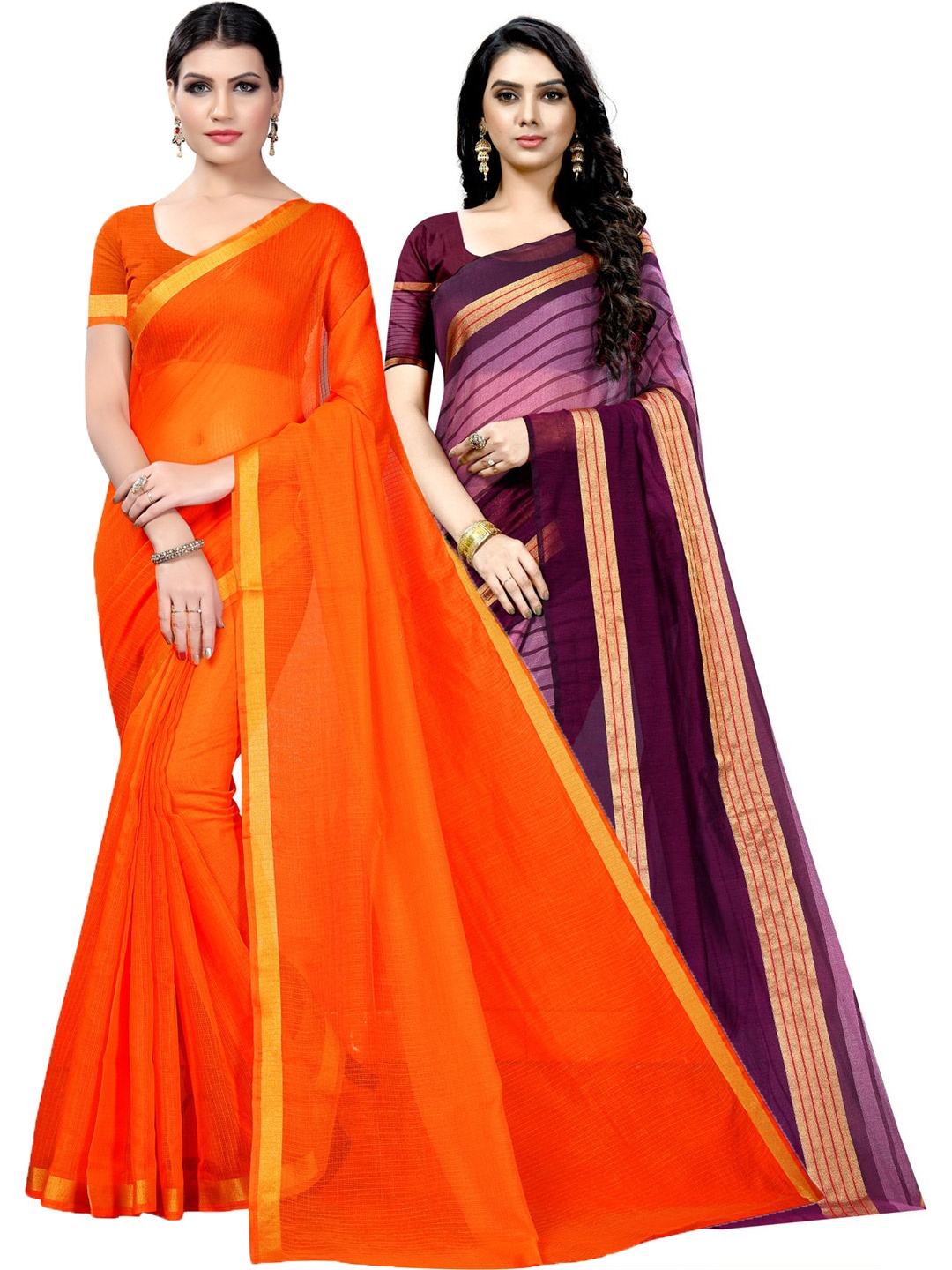 

KALINI Pack Of 2 Striped Zari Cotton Silk Saree With Blouse Pieces, Orange