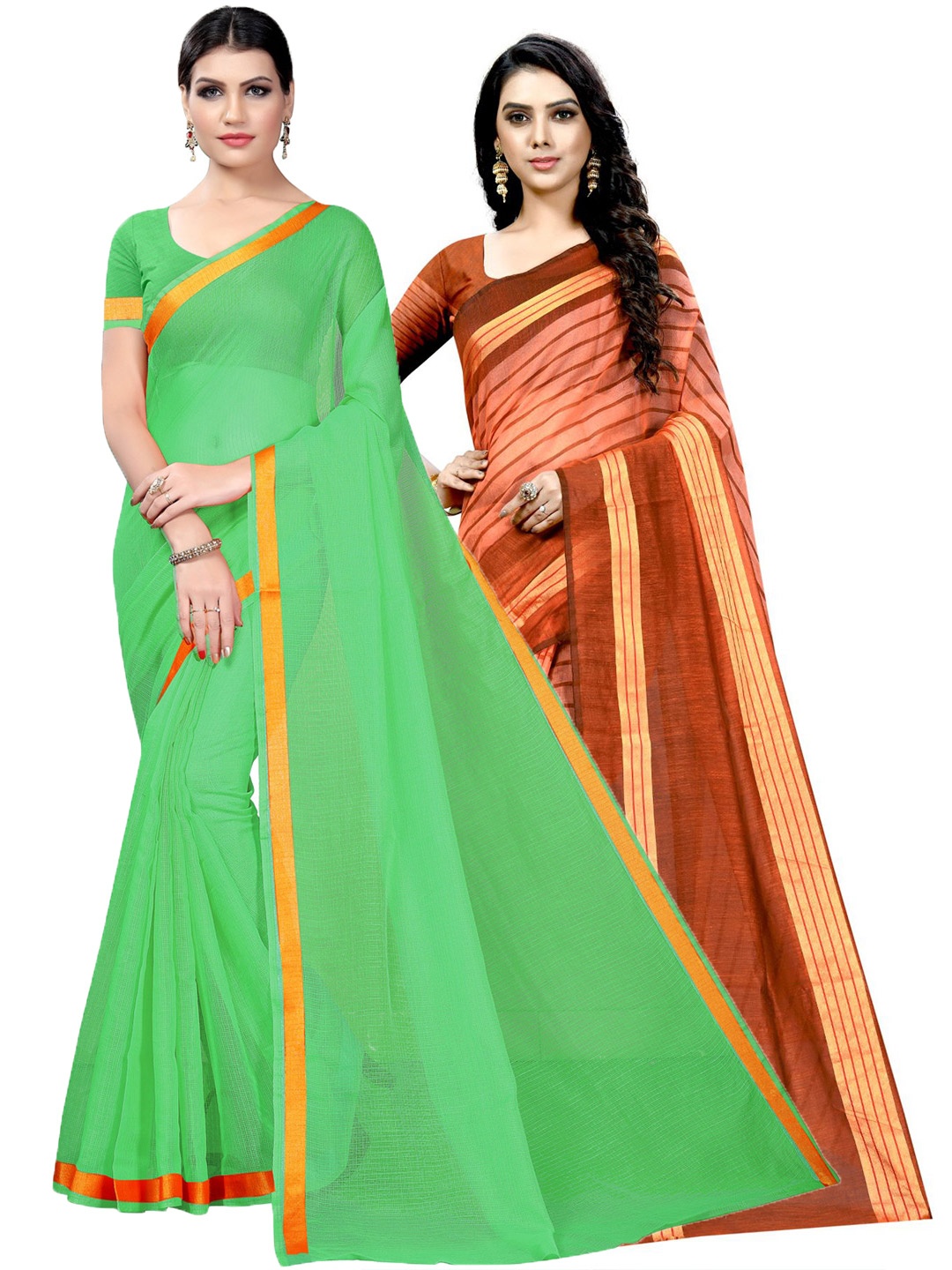 

KALINI Pack Of 2 Striped Ilkal Saree, Green