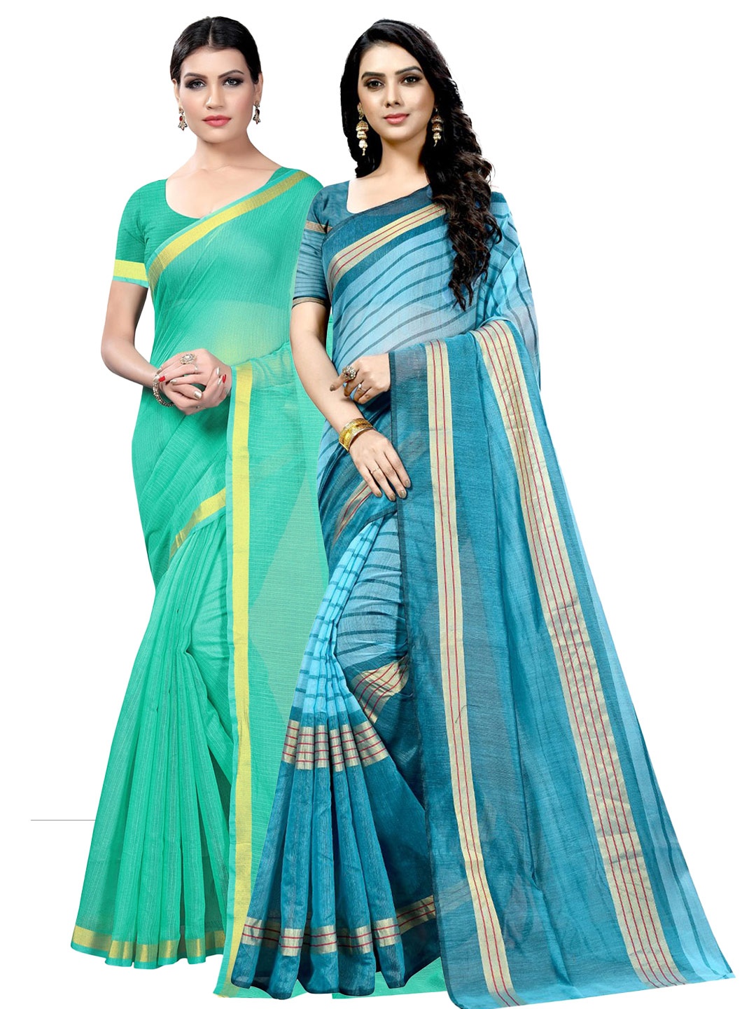 

KALINI Pack Of 2 Striped Silk Cotton Ilkal Sarees, Sea green