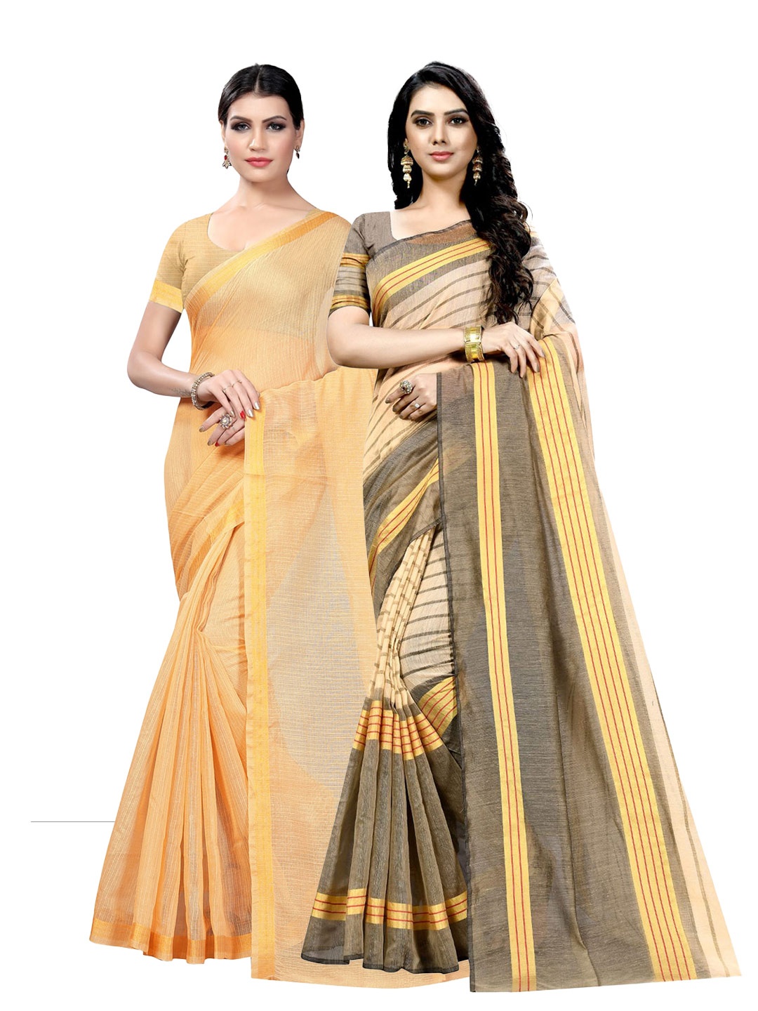 

KALINI Pack of 2 Striped Zari Ilkal Saree, Beige