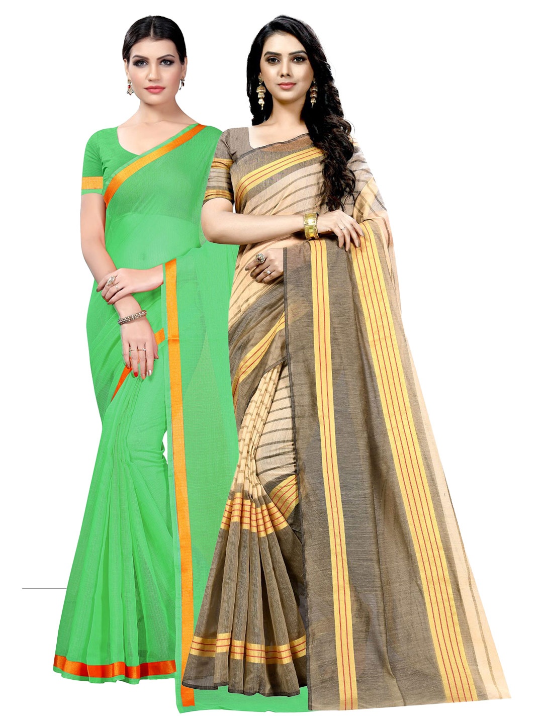 

KALINI Pack of 2 Zari Ilkal Cotton Saree, Green