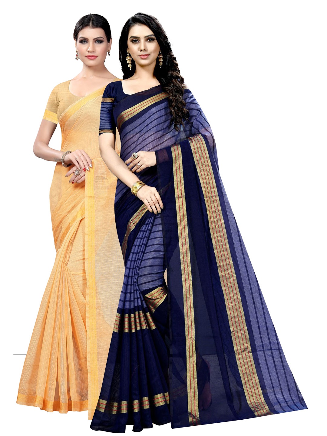 

KALINI Pack Of 2 Striped Zari Ilkal Saree, Beige