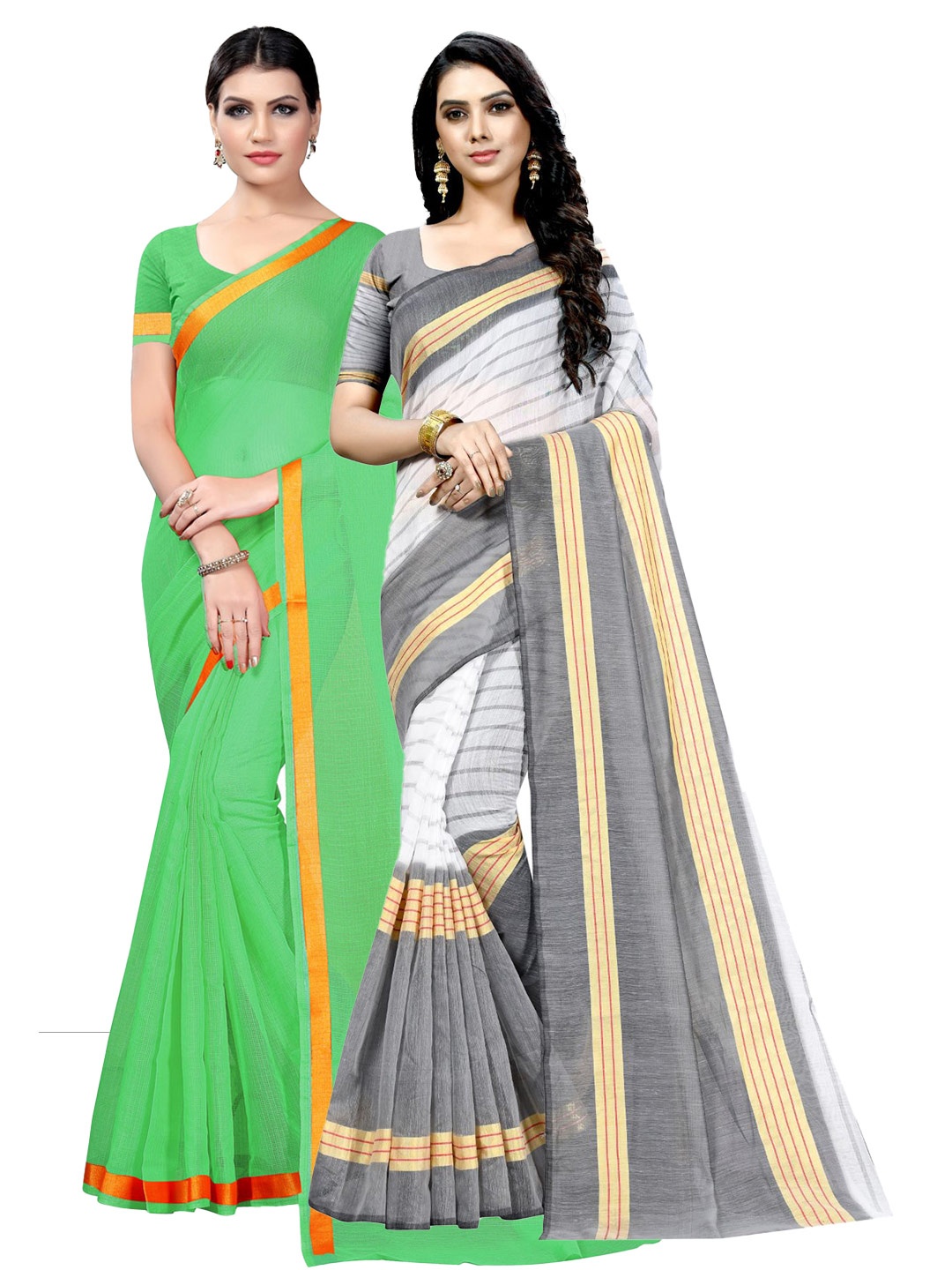 

KALINI Pack Of 2 Striped Zari Ilkal Saree, Green