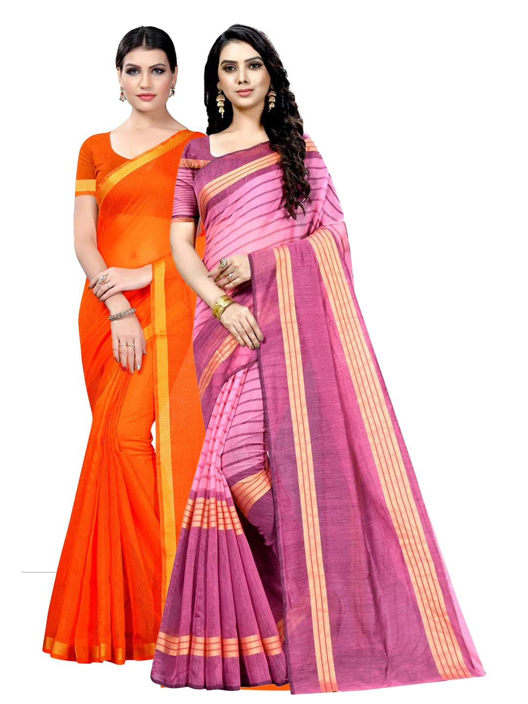 

KALINI Pack of 2 Striped Zari Ilkal Saree, Orange