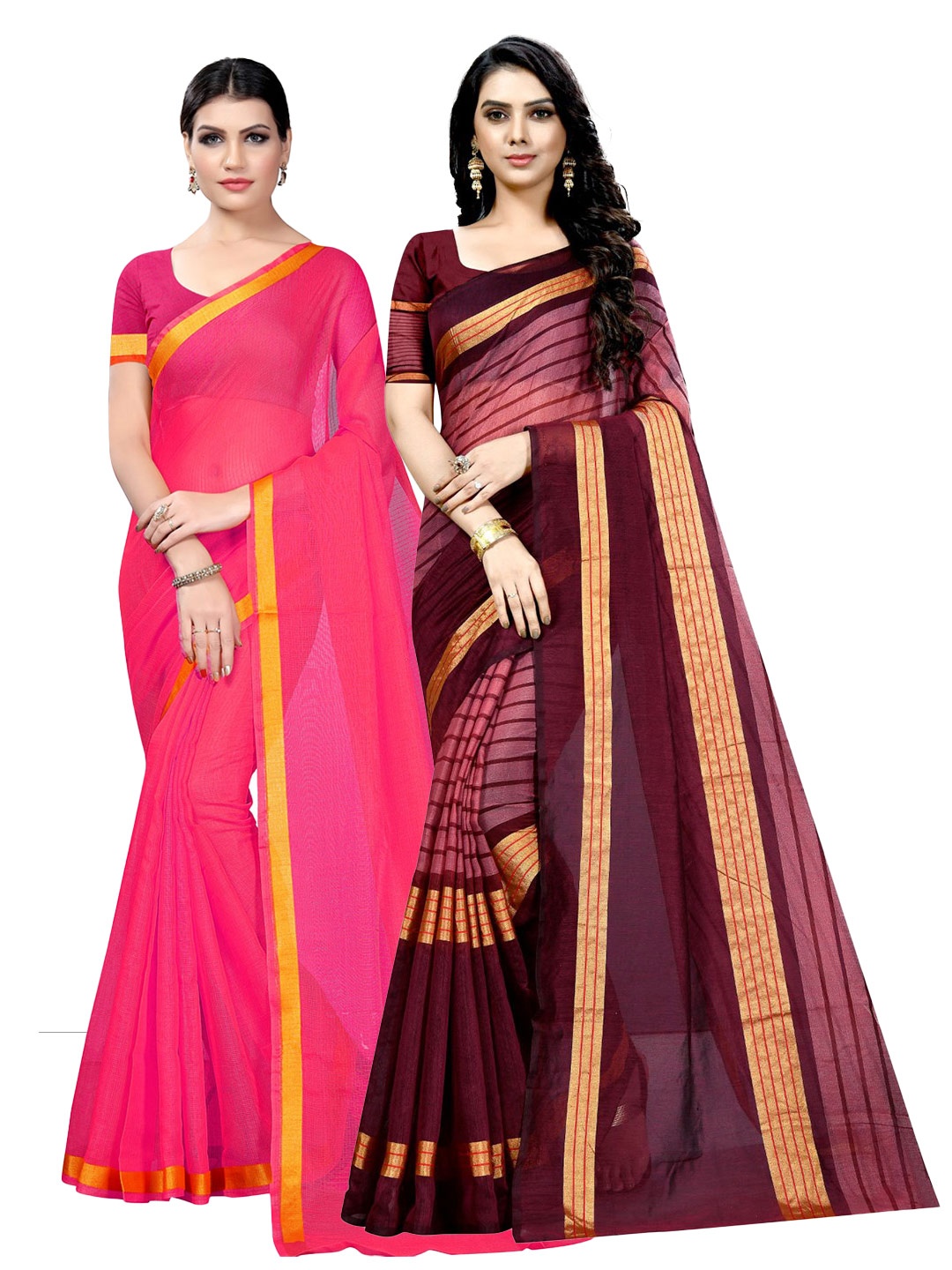 

KALINI Pack of 2 Striped Zari Ilkal Saree, Pink