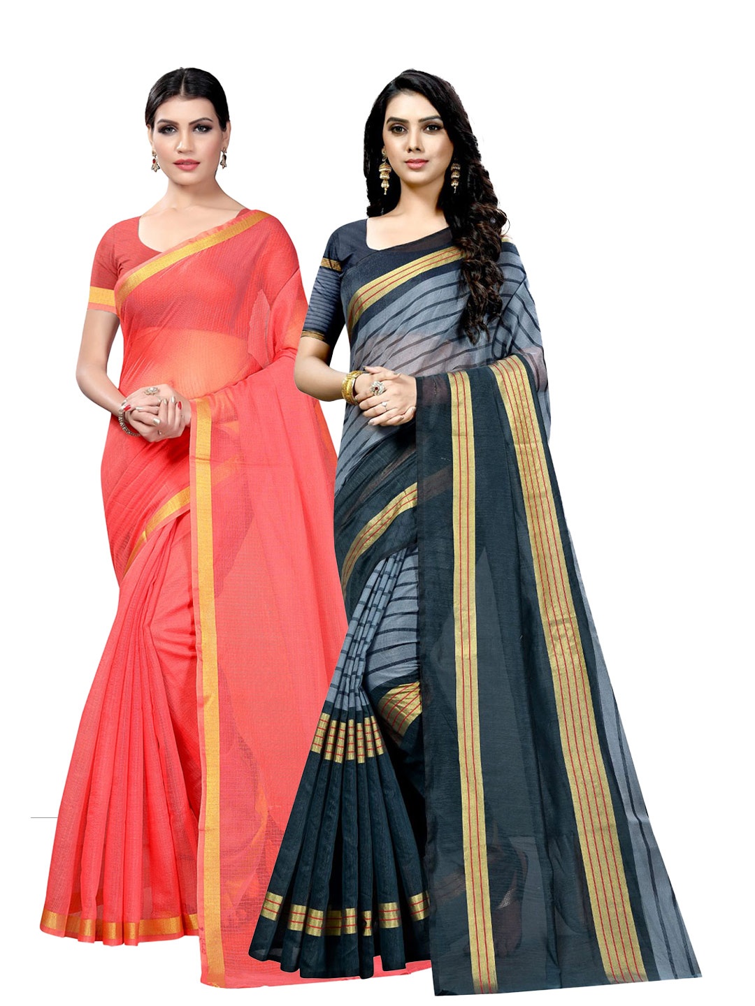 

KALINI Pack of 2 Striped Ilkal Saree, Peach