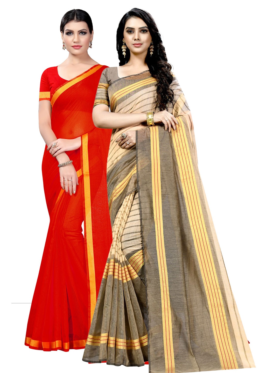 

KALINI Pack Of 2 Striped Zari Saree, Red