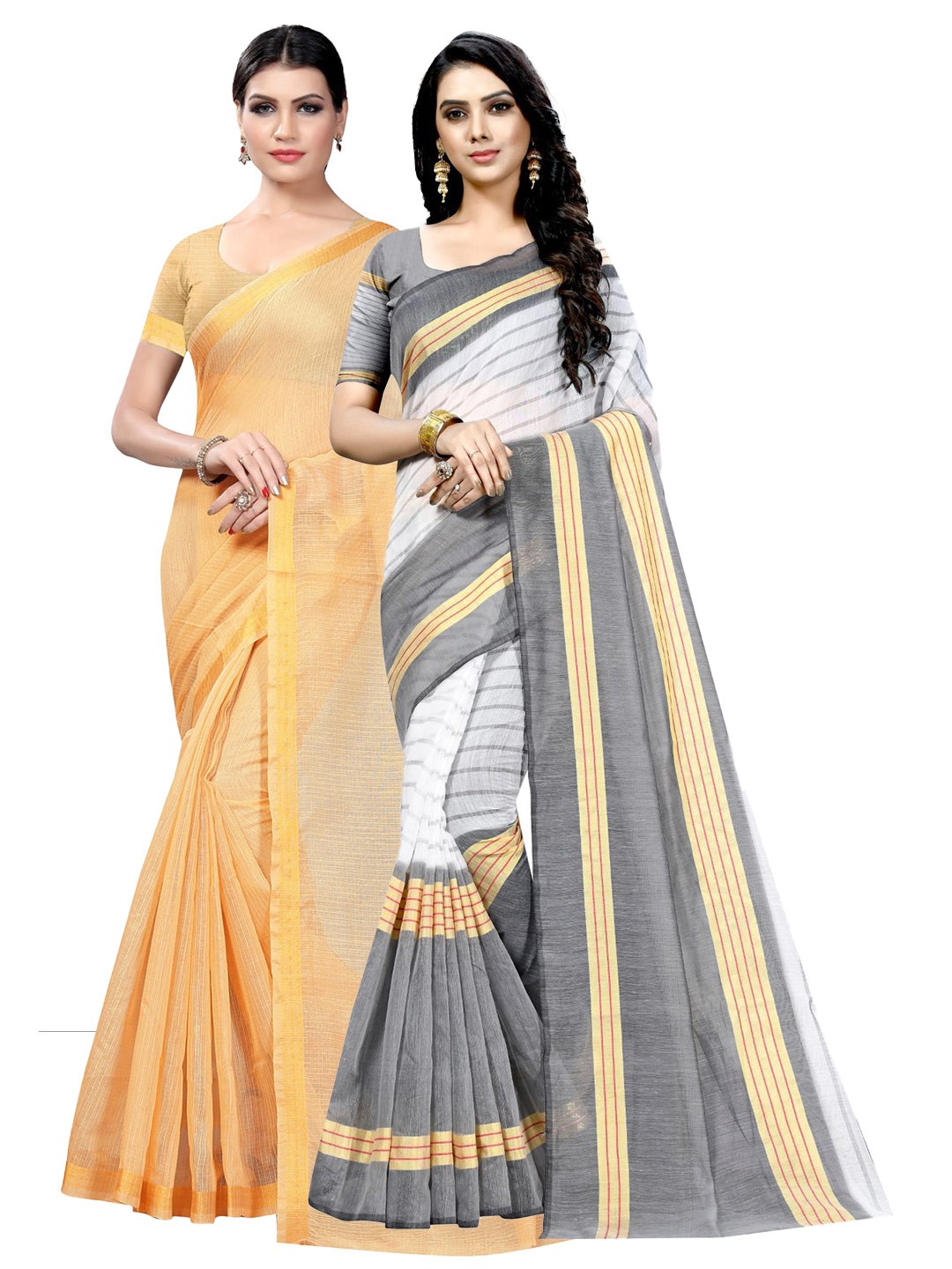 

KALINI Pack Of 2 Zari Bordered Saree, Beige