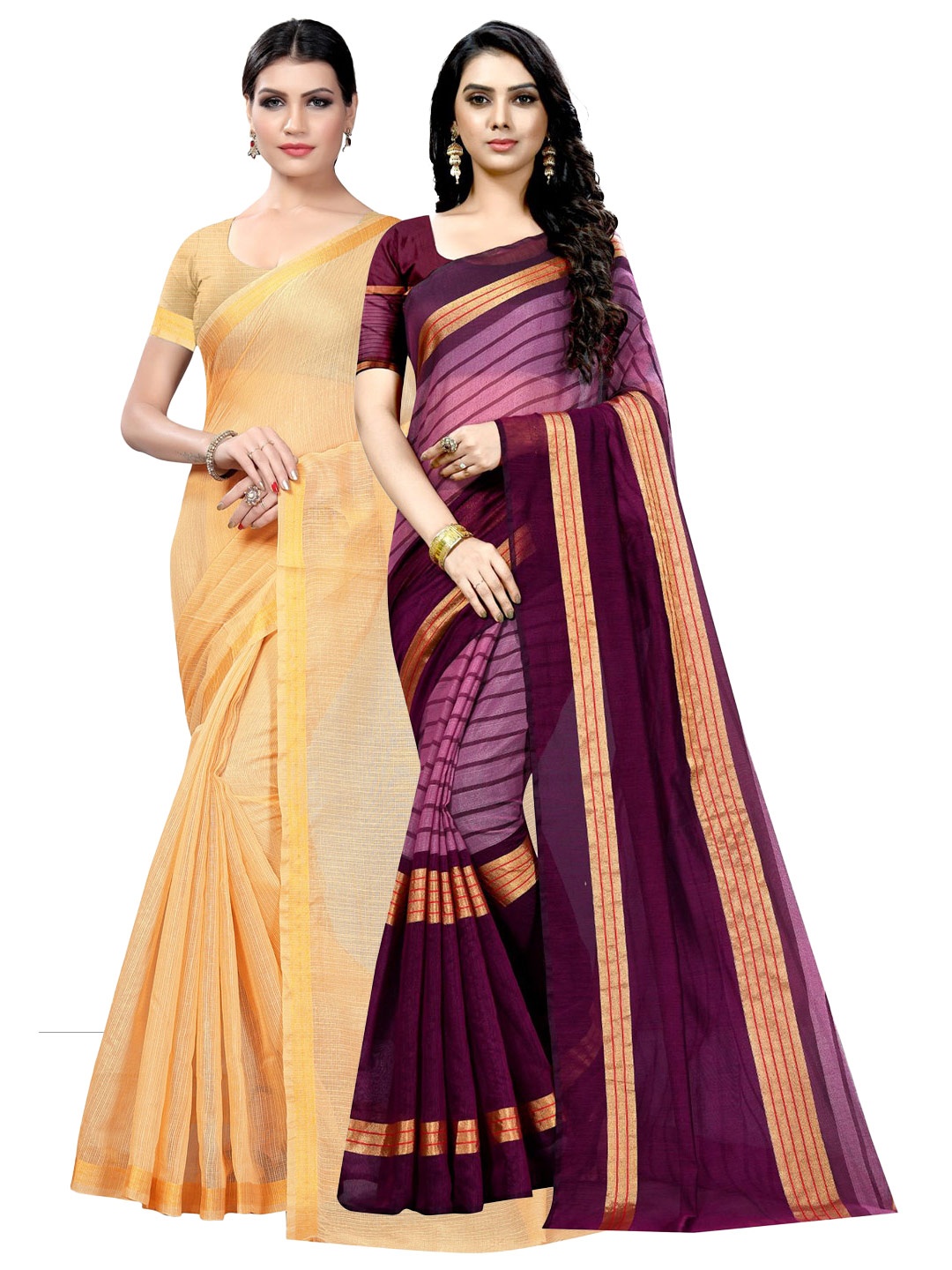 

KALINI Pack Of 2 Striped Zari Bordered Saree, Beige