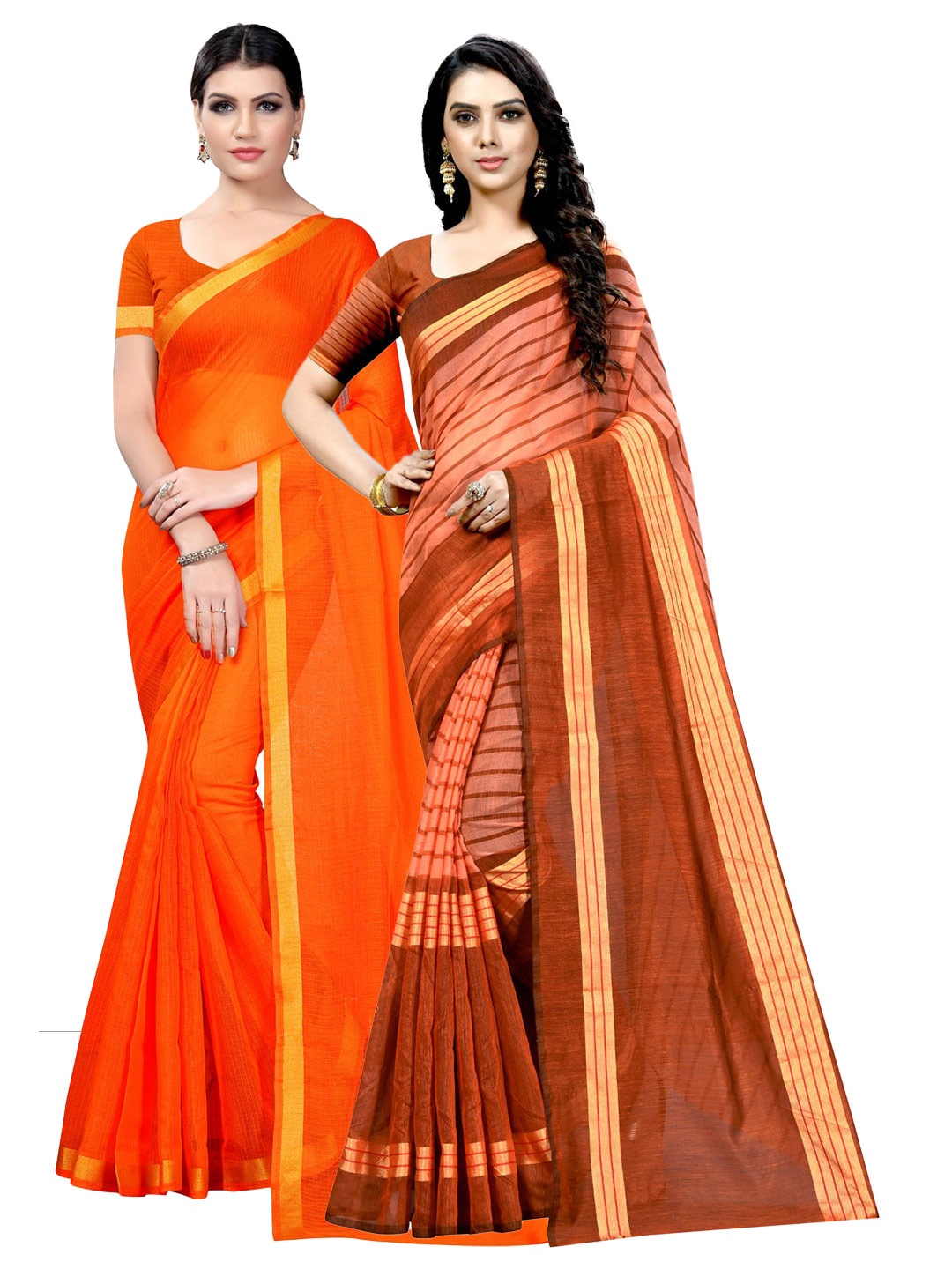 

KALINI Pack of 2 Striped Zari Ilkal Saree, Orange