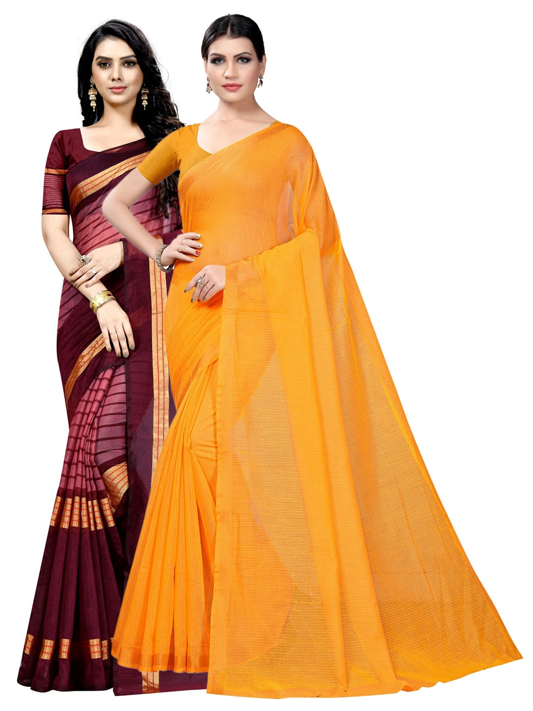 

KALINI Pack Of 2 Striped Ilkal Saree, Mustard
