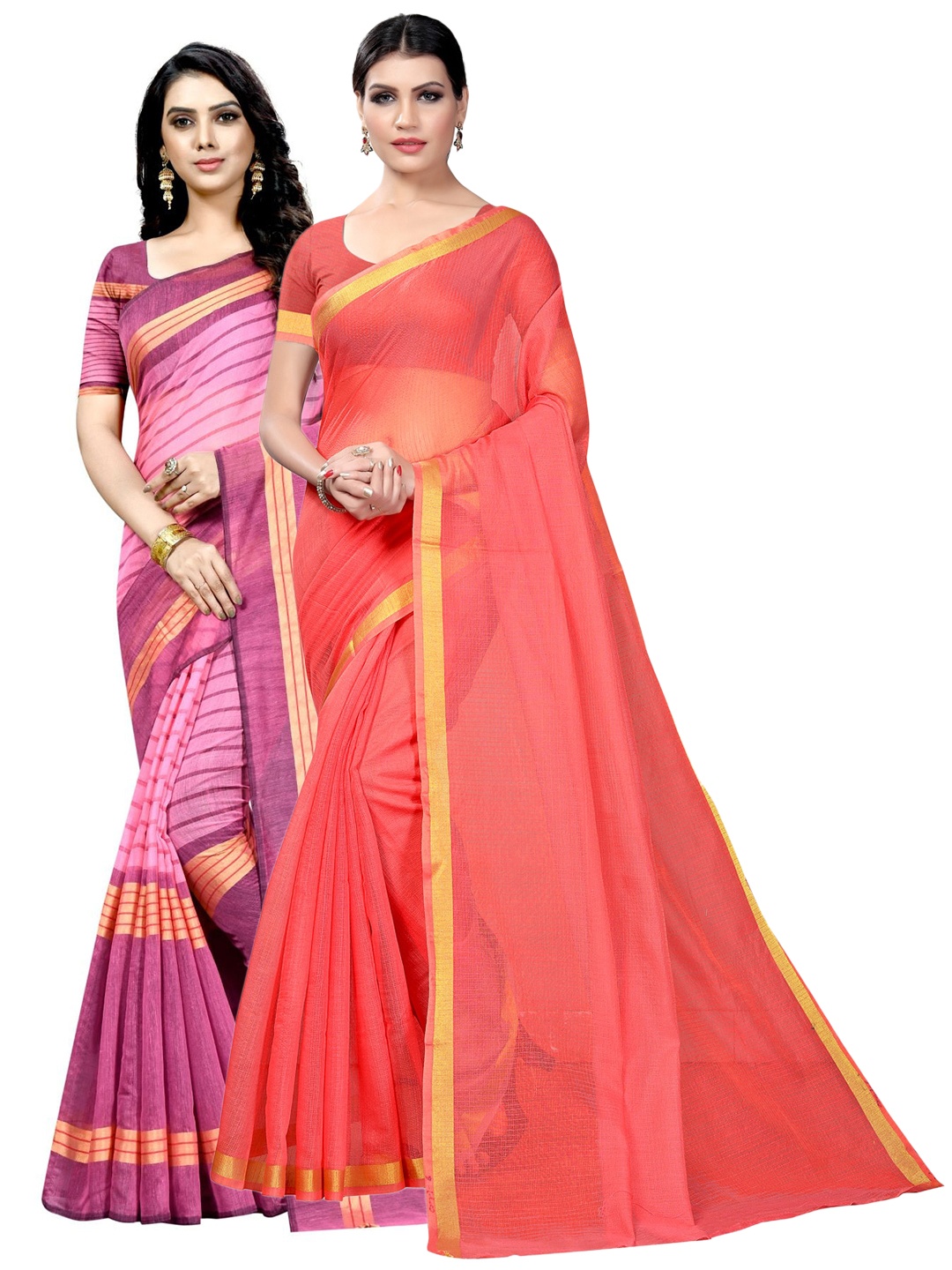 

KALINI Pack Of 2 Striped Zari Ilkal Saree, Peach