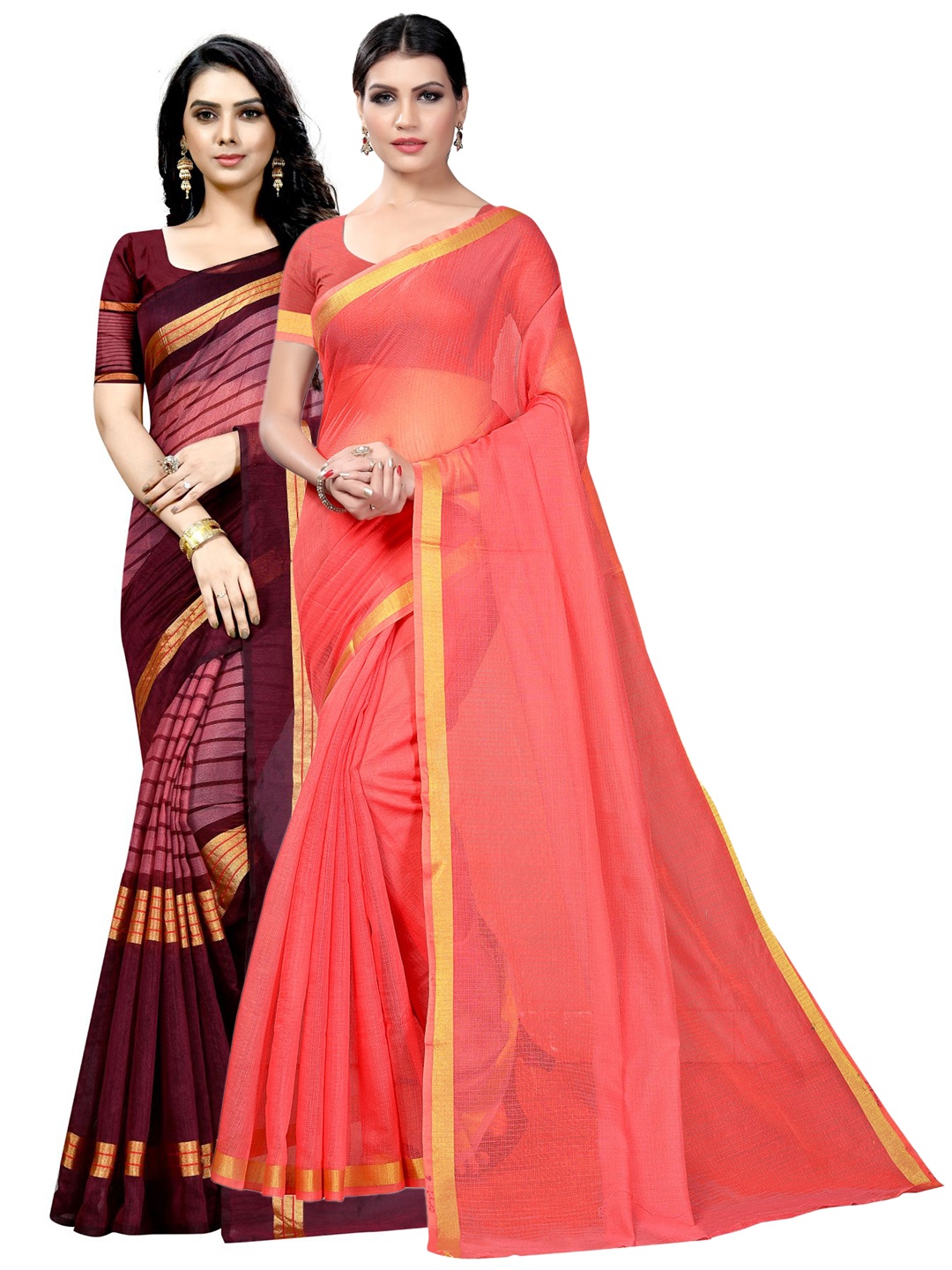 

KALINI Pack of 2 Striped Zari Ilkal Saree, Peach