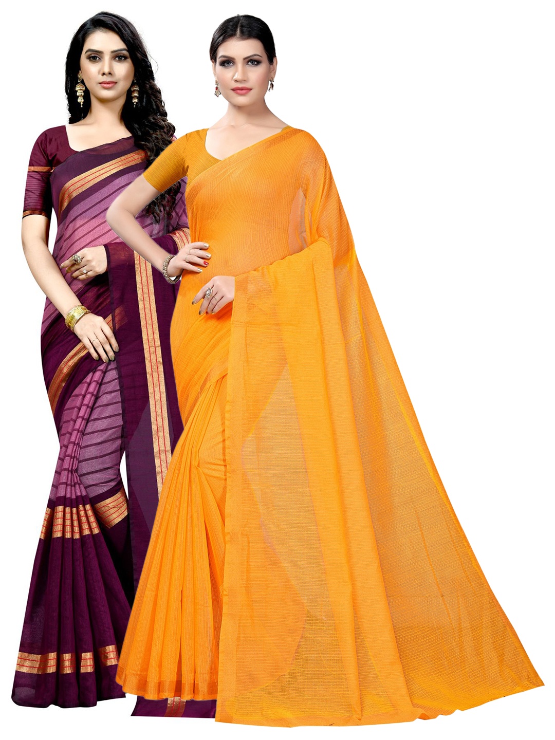 

KALINI Pack Of 2 Striped Ilkal Saree, Mustard