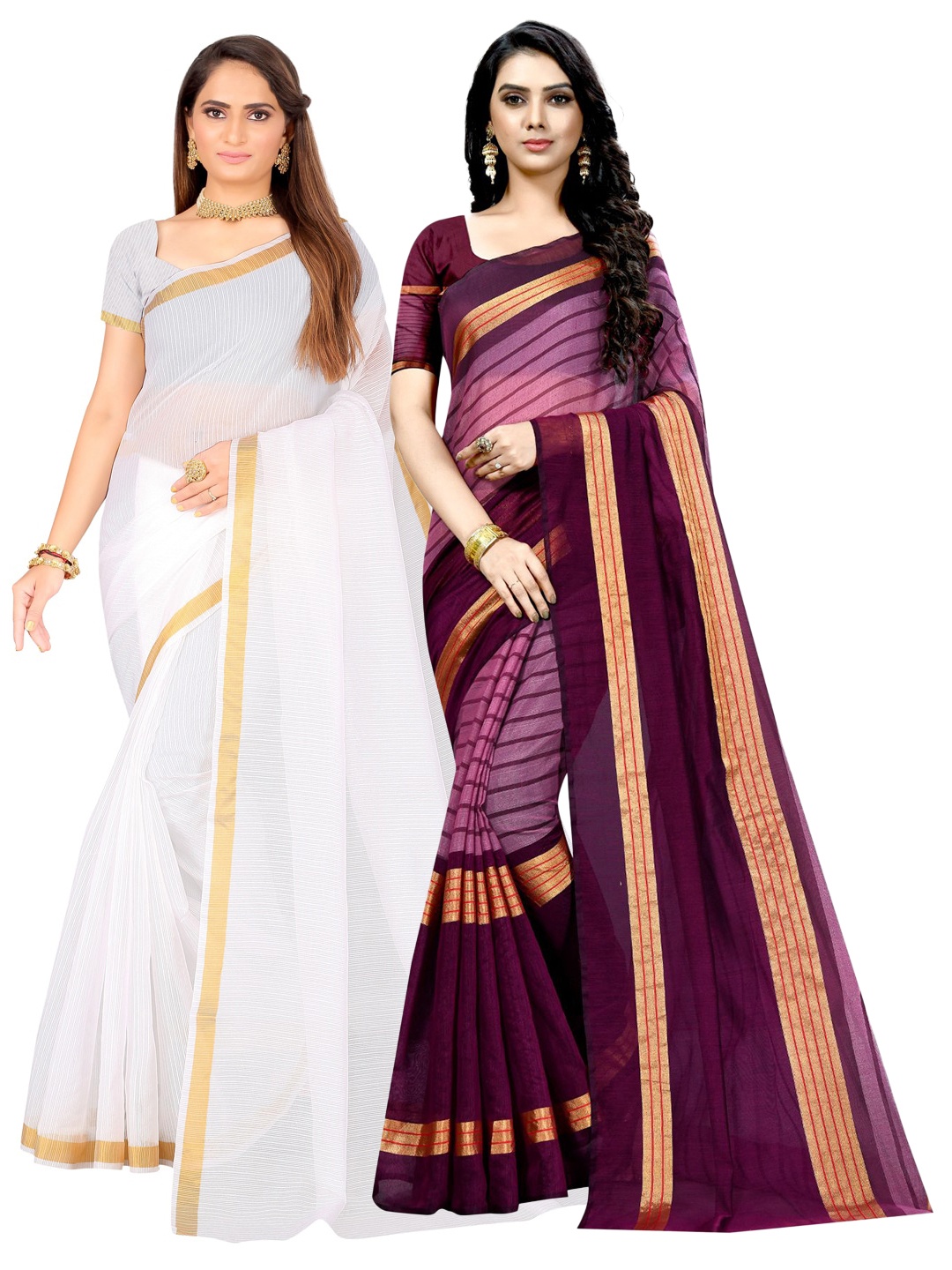 

KALINI Pack Of 2 Striped Zari Saree, White