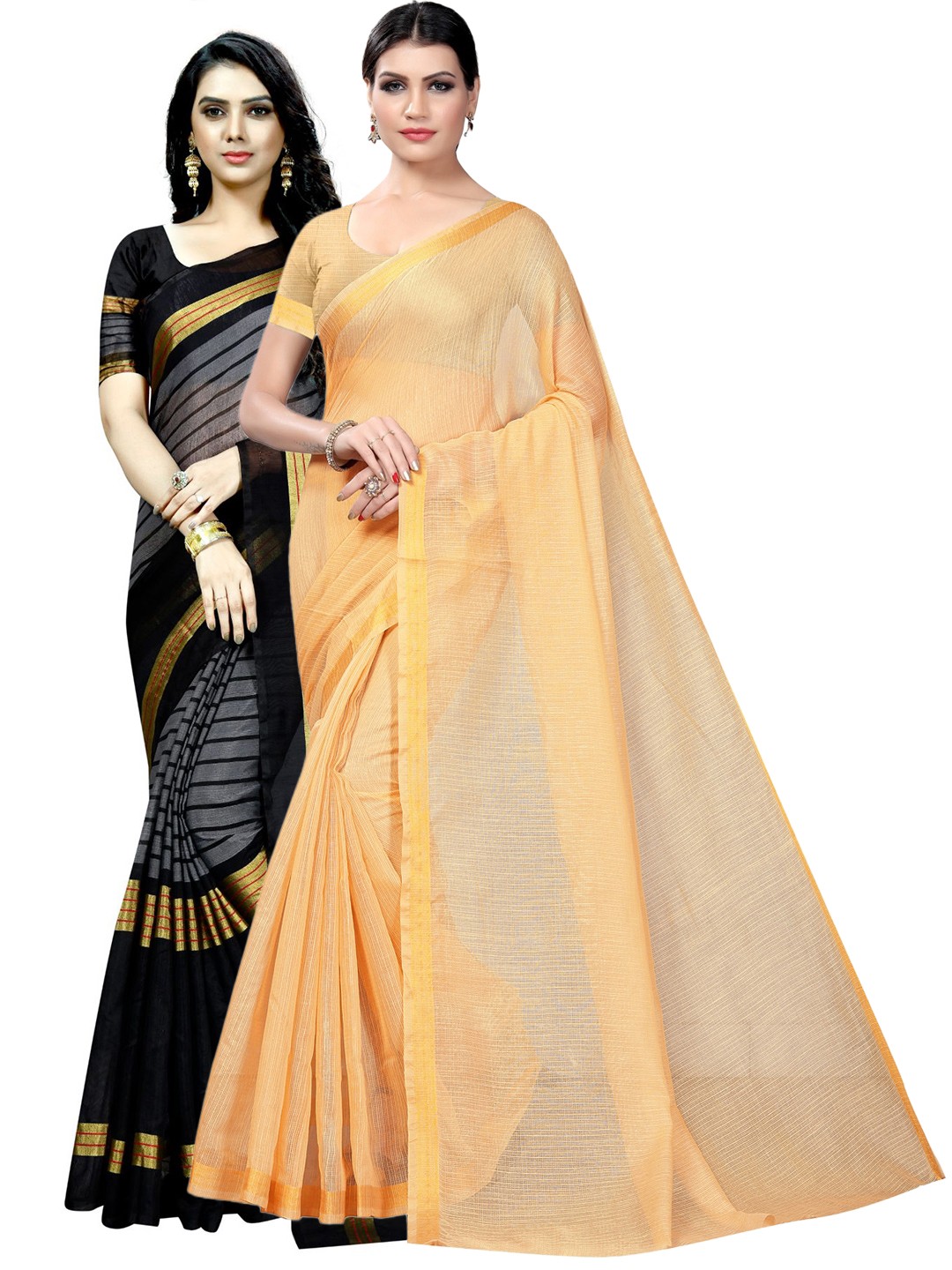 

KALINI Pack Of 2 Striped Saree, Beige
