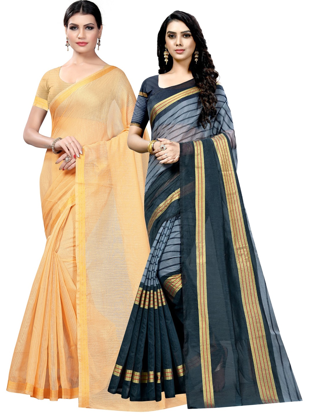 

KALINI Pack Of 2 Striped Zari Saree, Beige