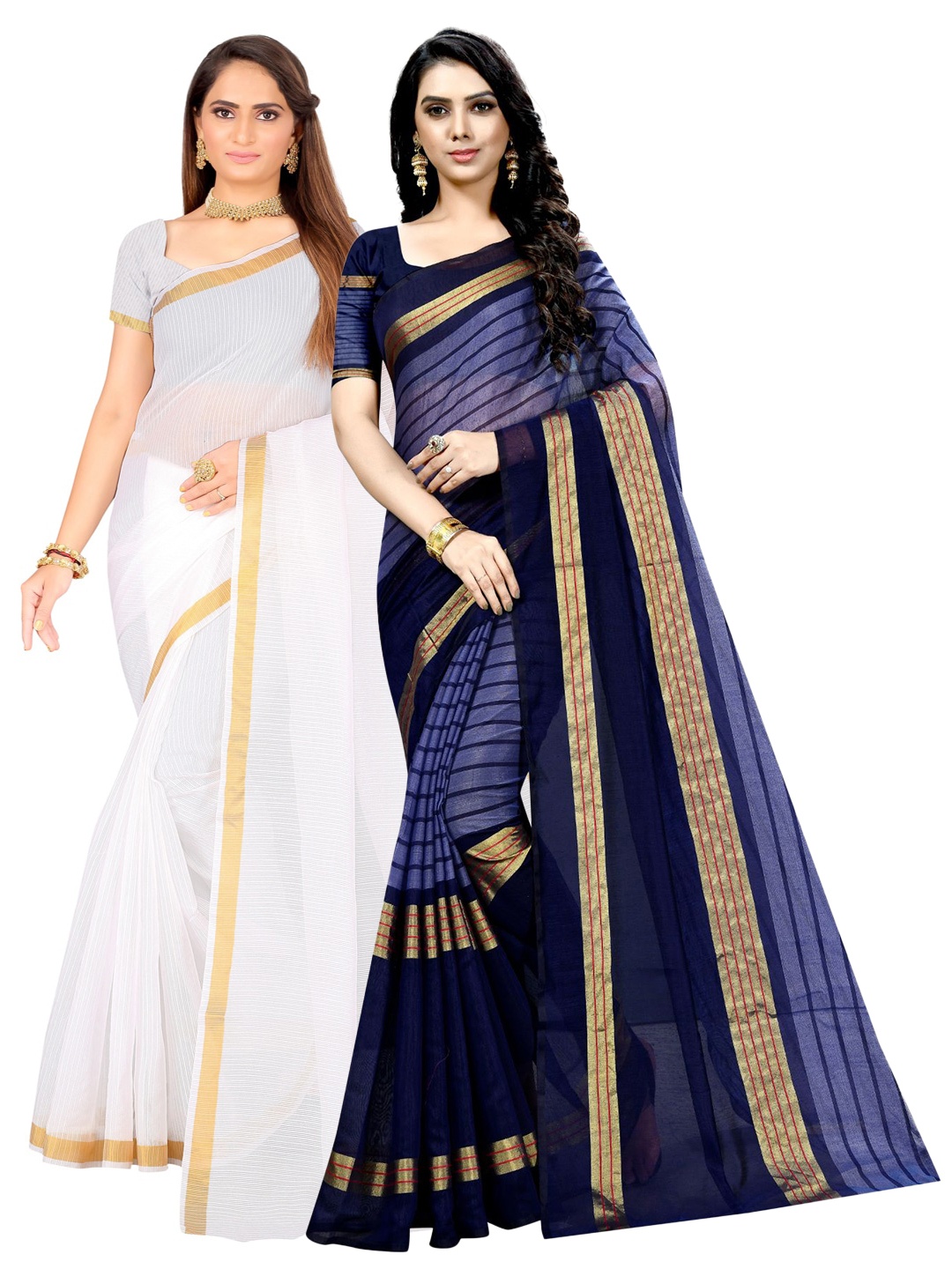 

KALINI Pack of 2 Striped Zari Ilkal Saree, White