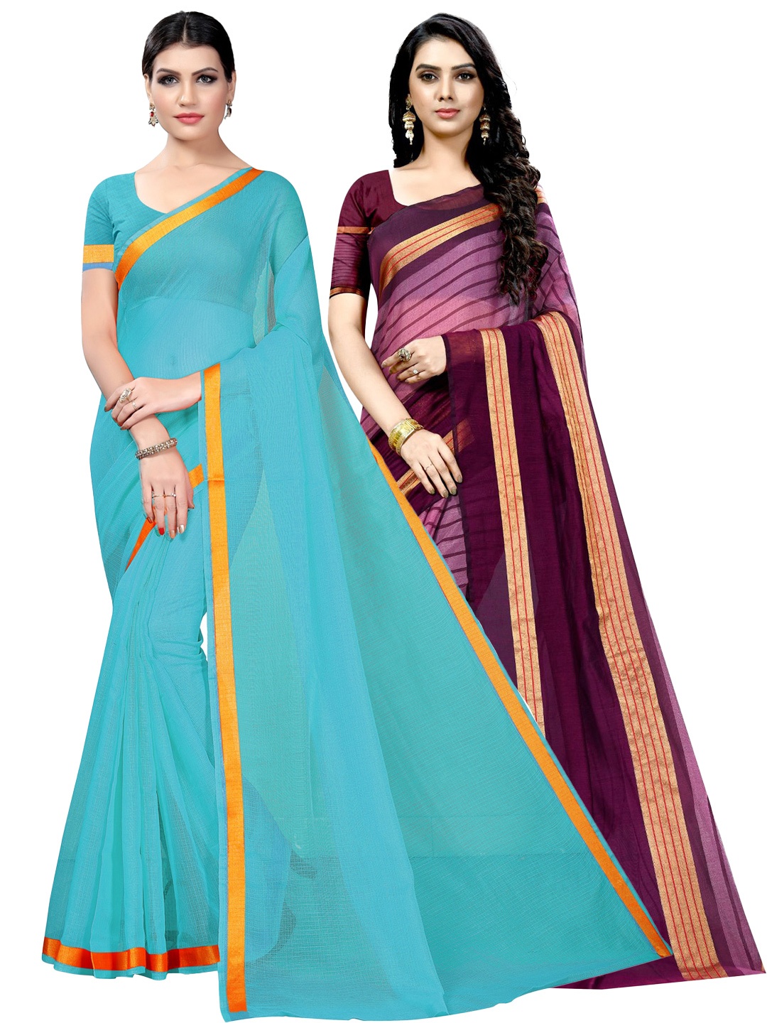 

KALINI Turquoise Set Of 2 Zari Ilkal Saree, Turquoise blue