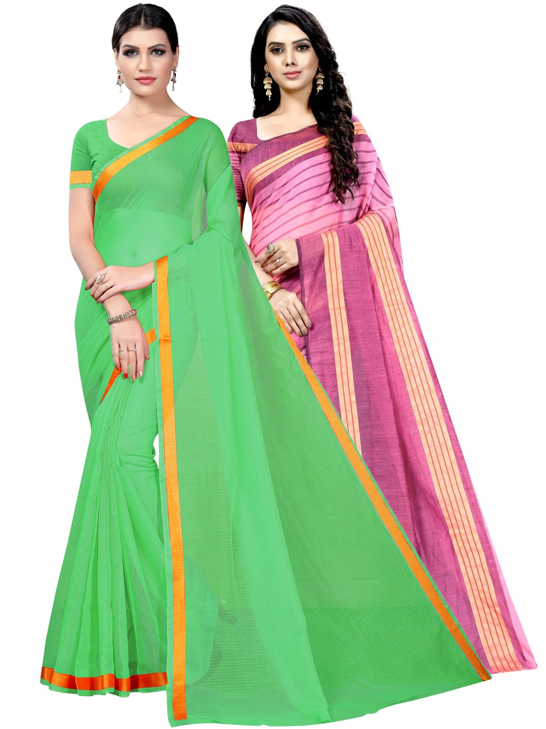 

KALINI Pack of 2 Silk Cotton Ilkal Saree, Lime green