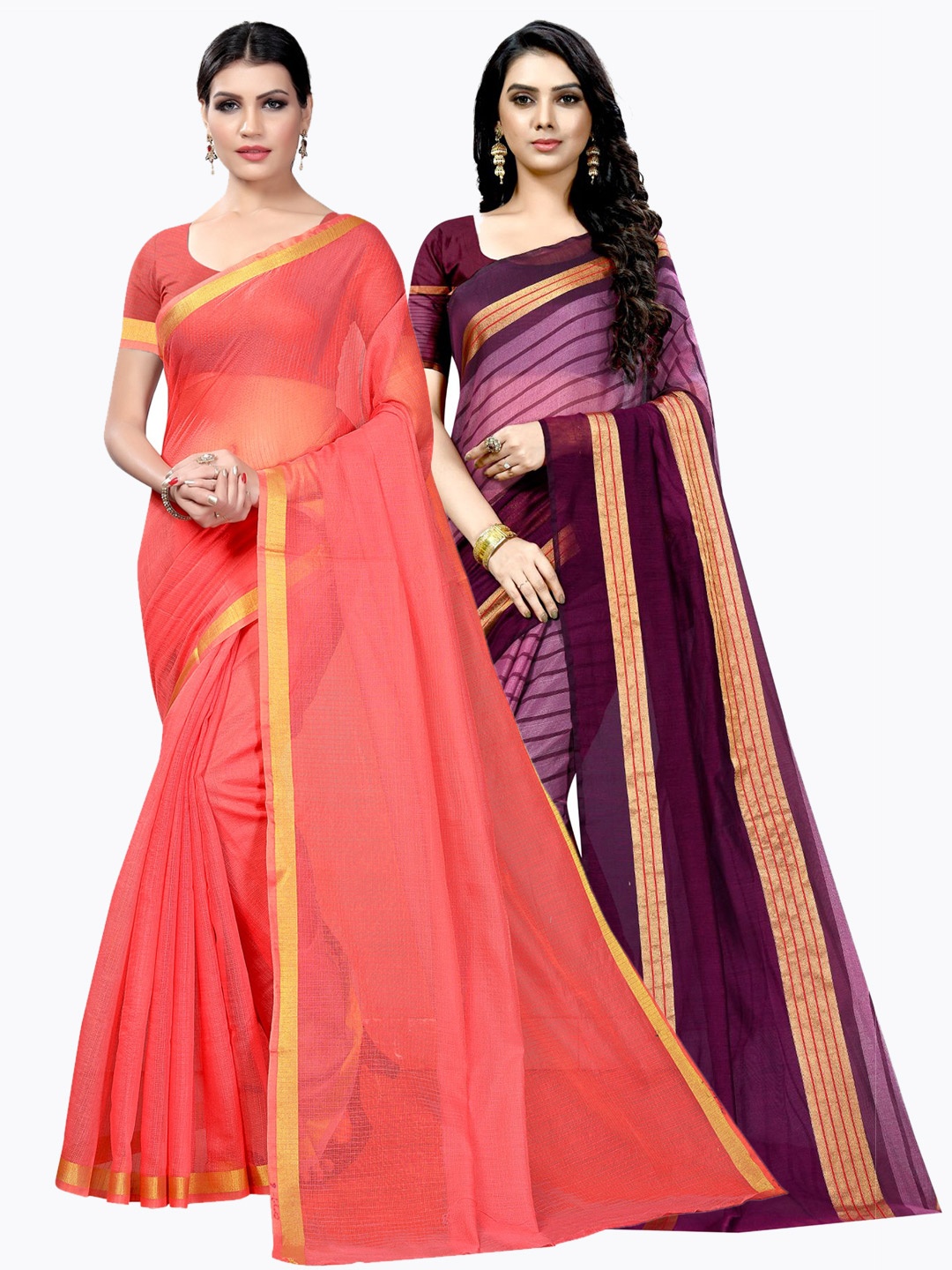 

KALINI Pack of 2 Striped Zari Ilkal Saree, Peach