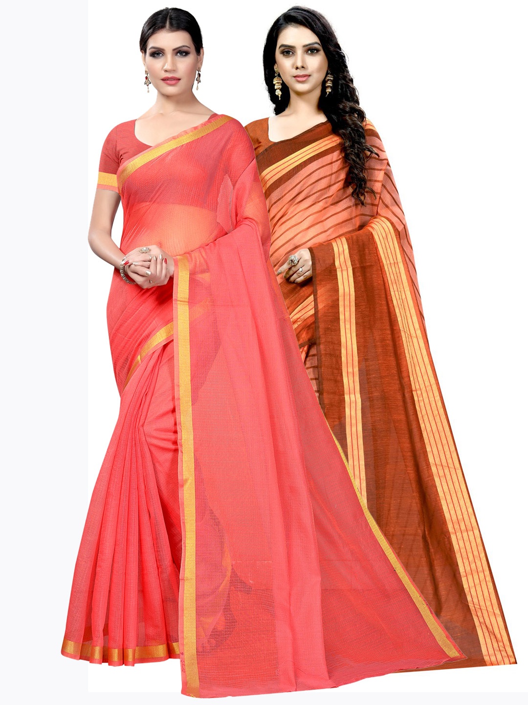 

KALINI Pack of 2 Zari Ilkal Cotton Saree, Peach