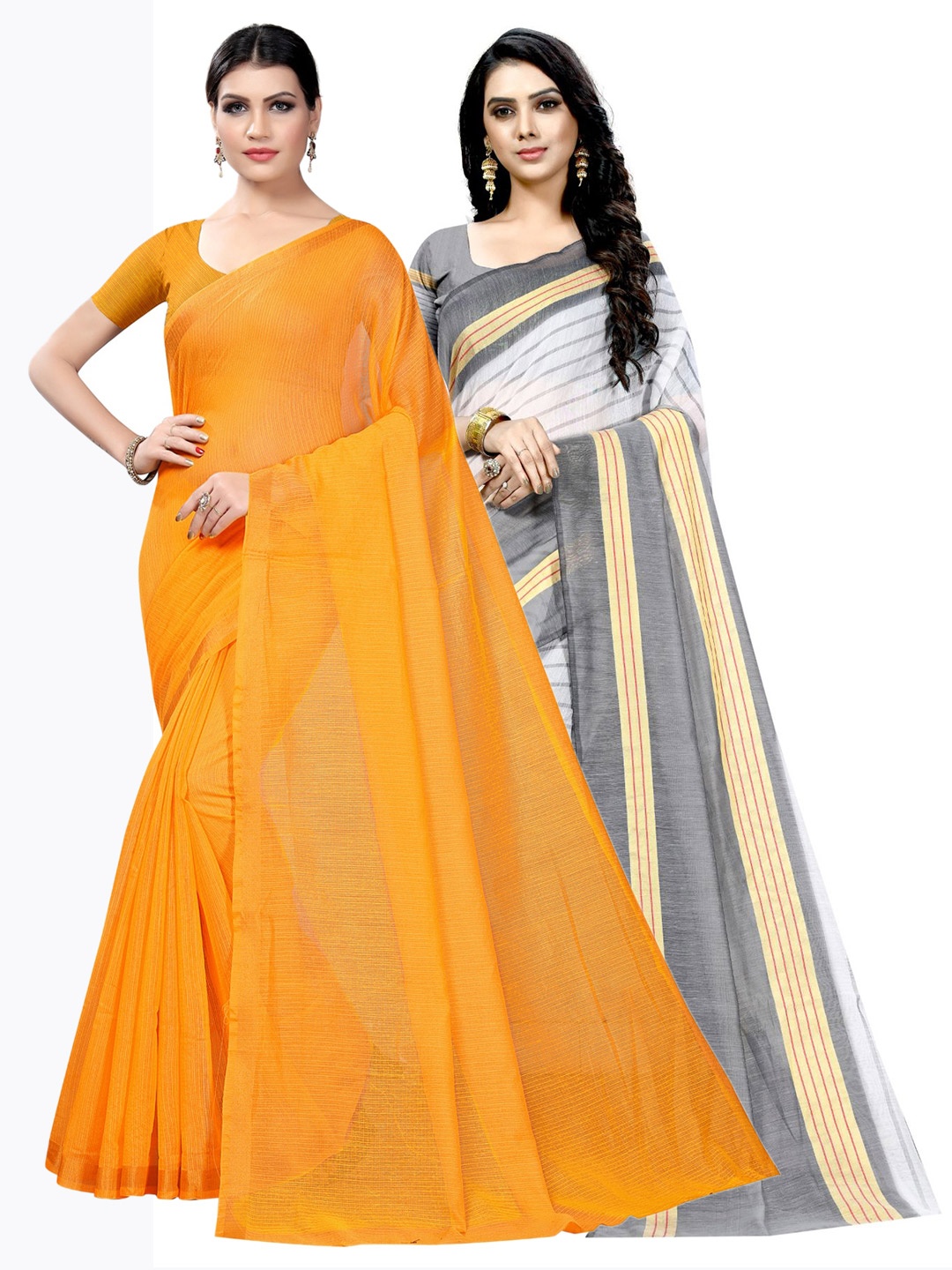 

KALINI Pack Of 2 Striped Zari Ilkal Saree, Mustard
