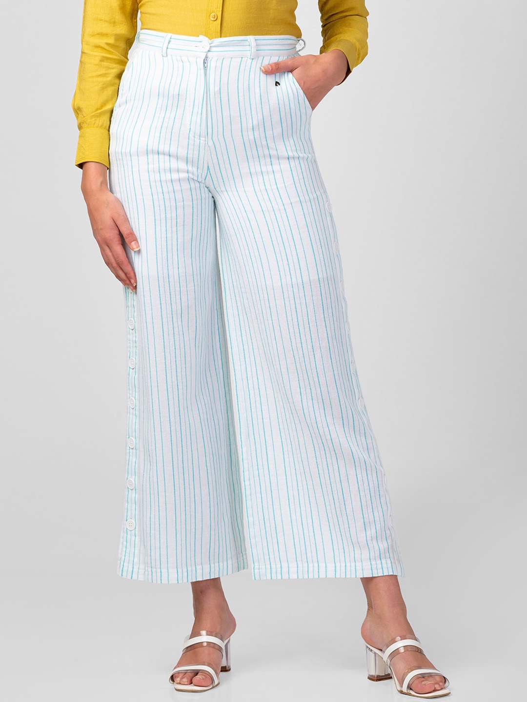 

SPYKAR Women Striped Cotton Trousers, White