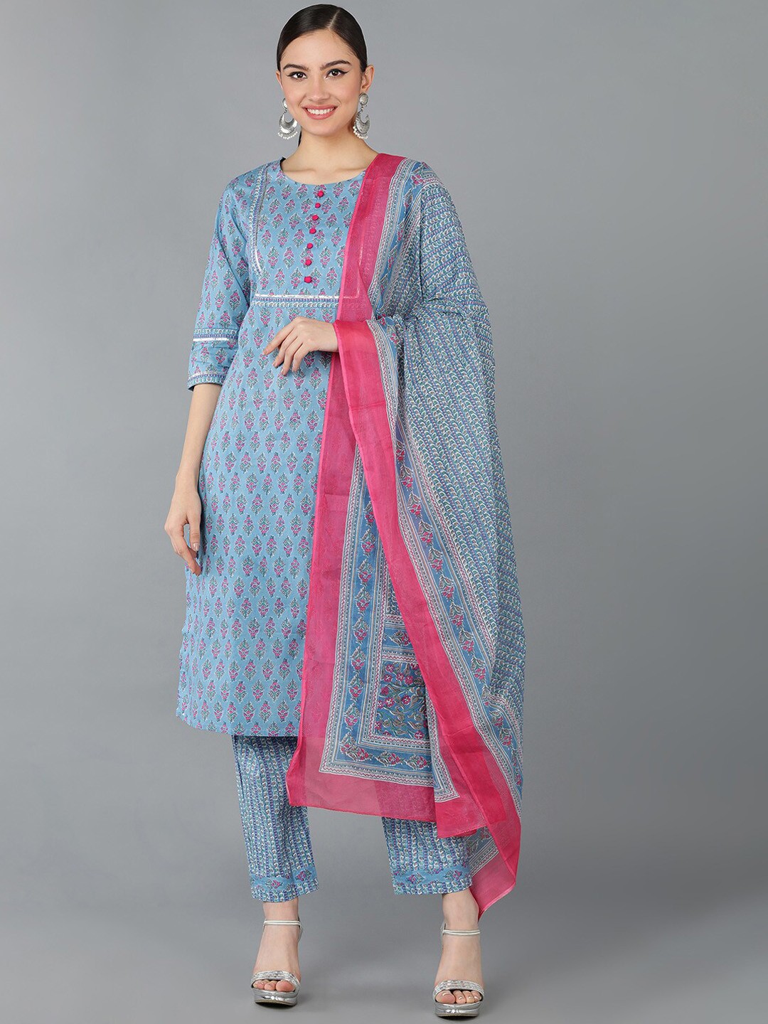 

Senyora Ethnic Motifs Printed Gotta Patti Pure Cotton Kurta with Trousers & With Dupatta, Blue