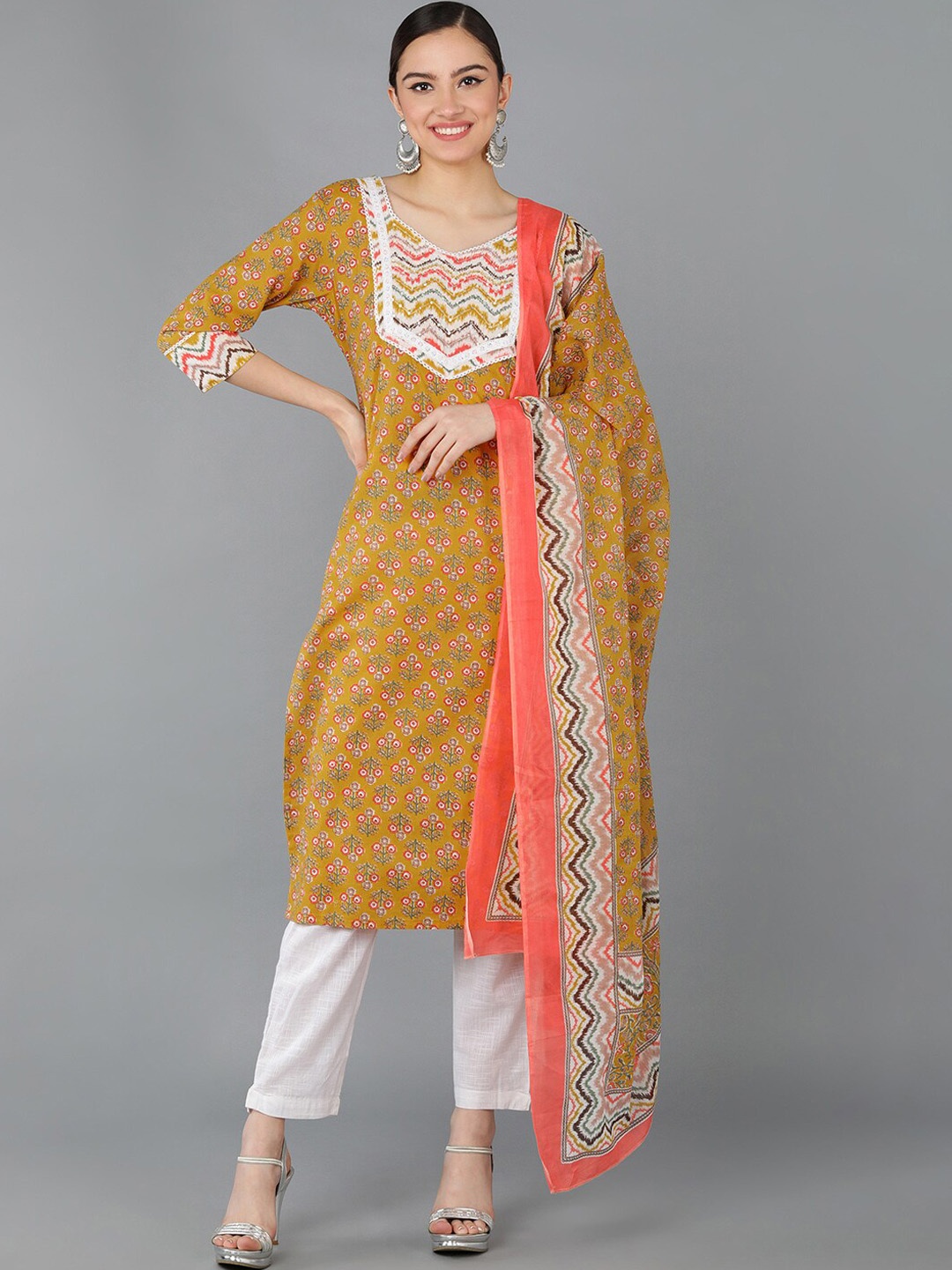 

Senyora Yellow Floral Printed Sequinned Pure Cotton Kurta with Trousers & With Dupatta, Mustard