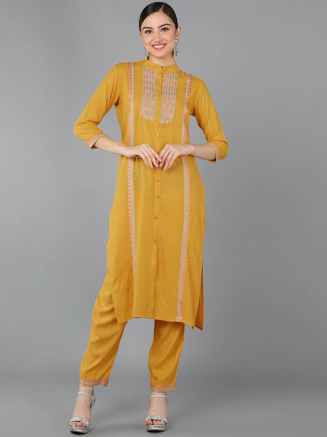 

Senyora Floral Embroidered Kurta with Trousers, Mustard