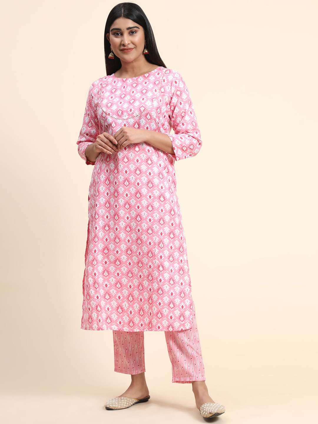 

KALINI Ethnic Motifs Printed Gotta Patti Kurta with Trousers, Pink