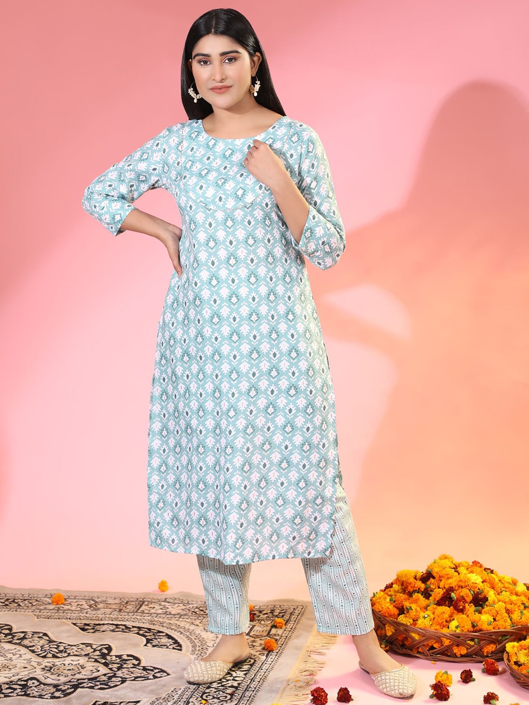 

KALINI Ethnic Motifs Printed Gotta Patti Kurta with Trousers, Blue