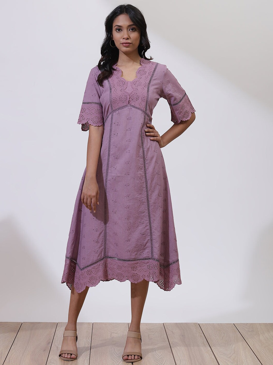 

Lakshita Schiffli Self Design Cotton A-Line Dress, Lavender