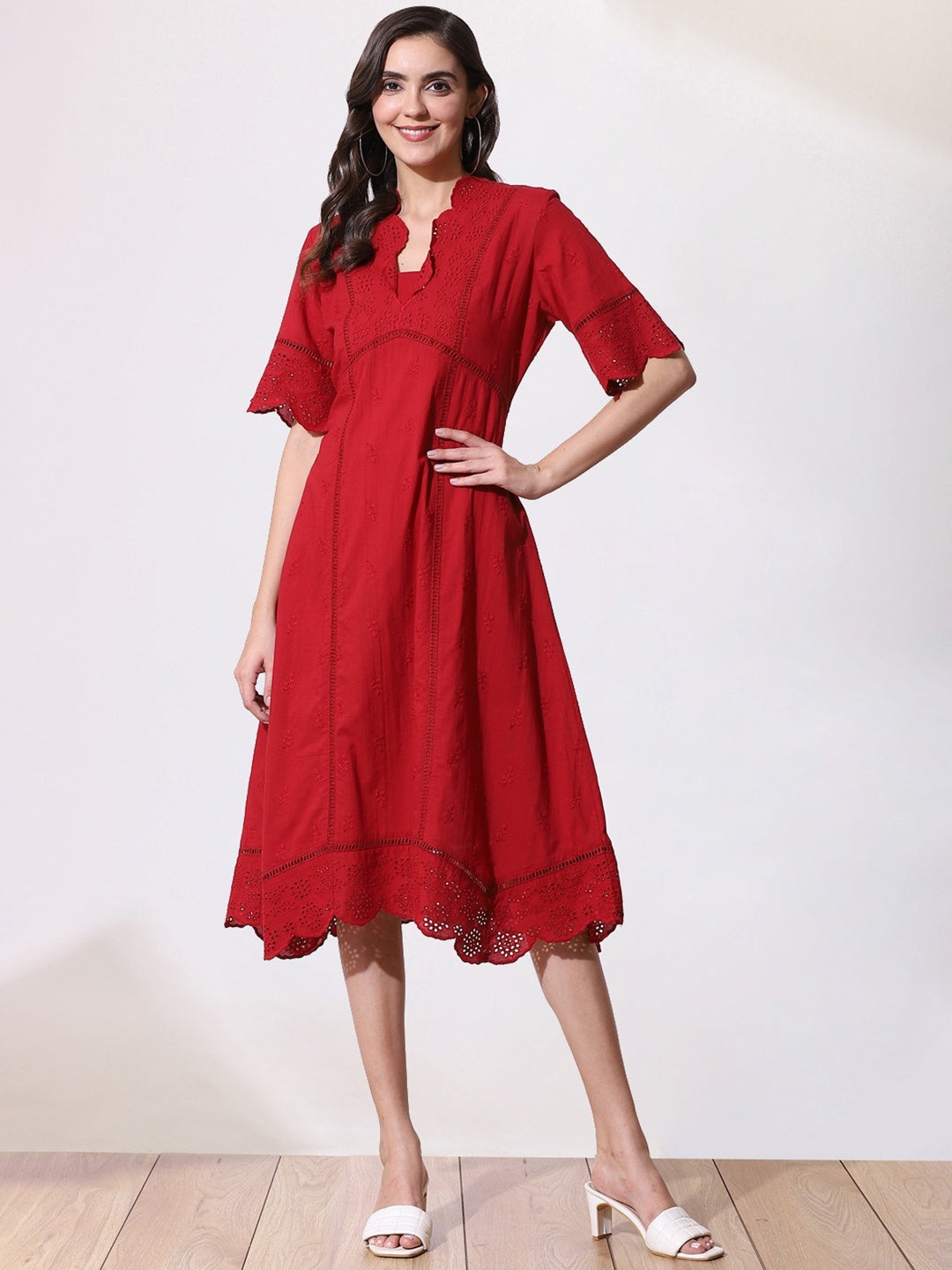 

Lakshita Schiffli Self Design Cotton A-Line Dress, Red