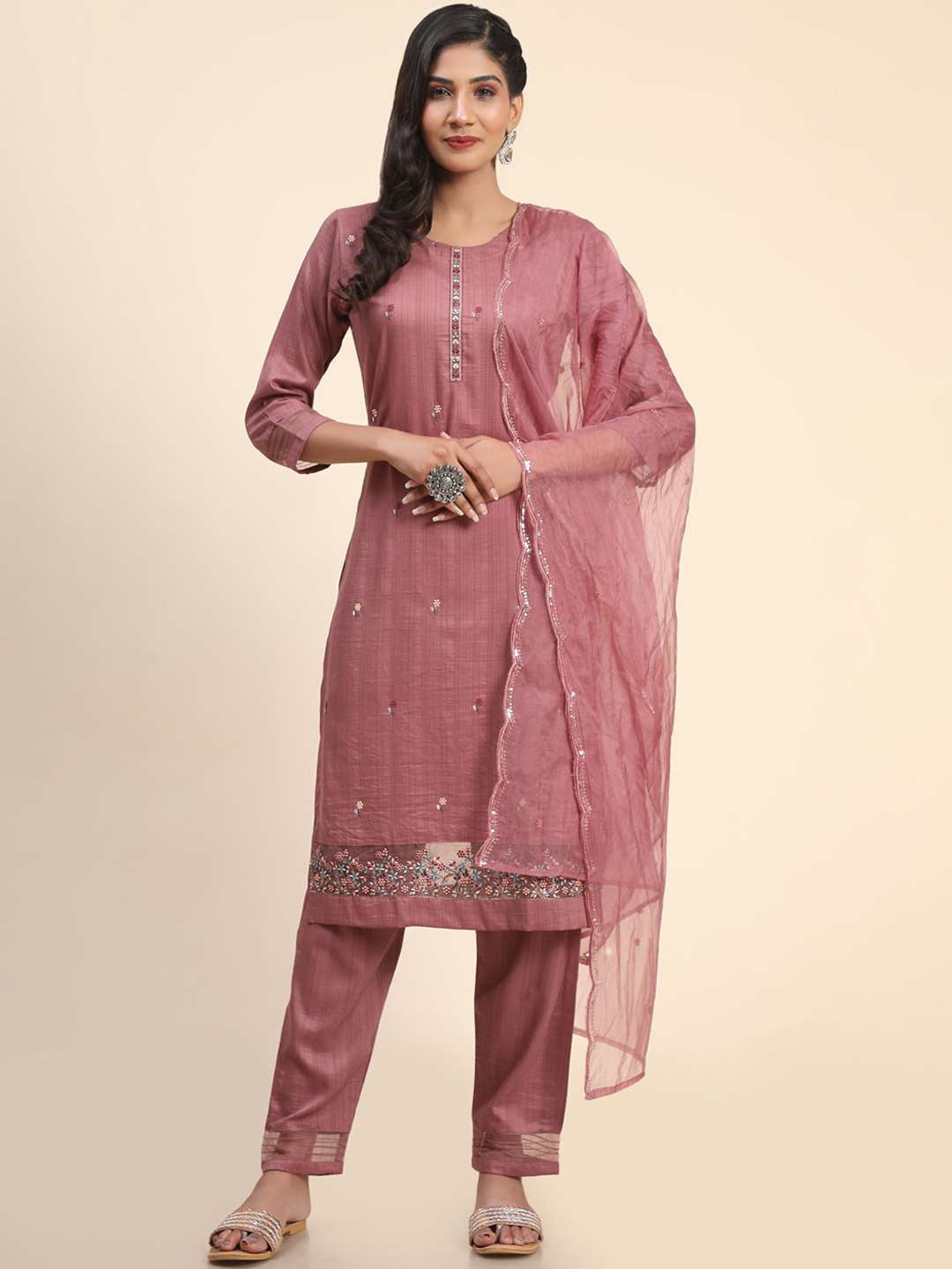 

KALINIFloral Embroidered Thread Work Kurta with Trousers & With Dupatta, Pink