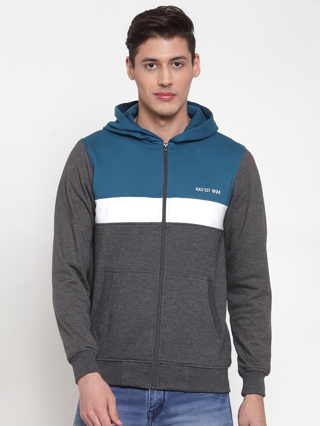 

Kalt Men Colourblocked Hooded Fleece Sweatshirt, Teal