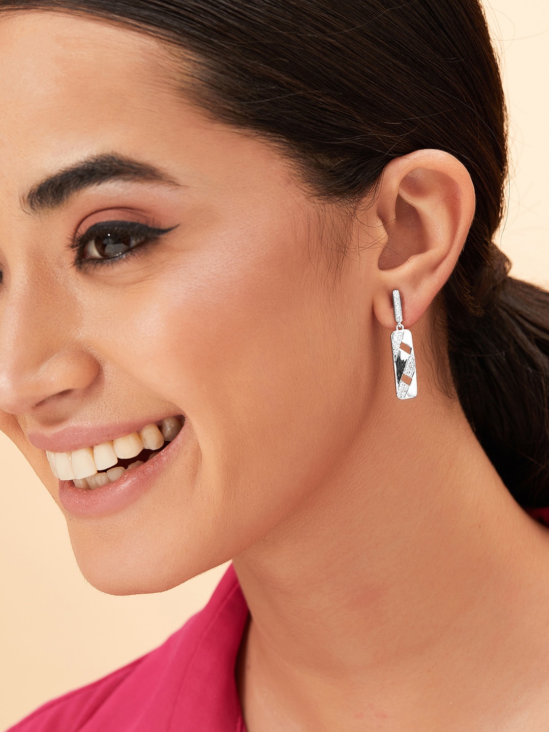 

Rubans Silver Rhodium-Plated Geometric Drop Earrings, White