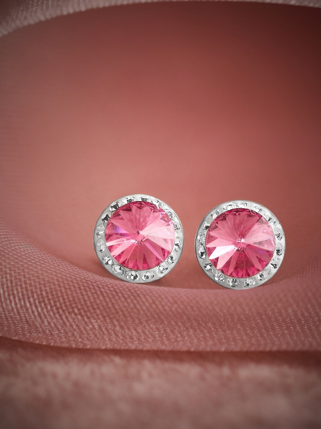 

Rubans Silver Women 925 Sterling Silver Rhodium-Plated Circular Studs Earrings, Pink