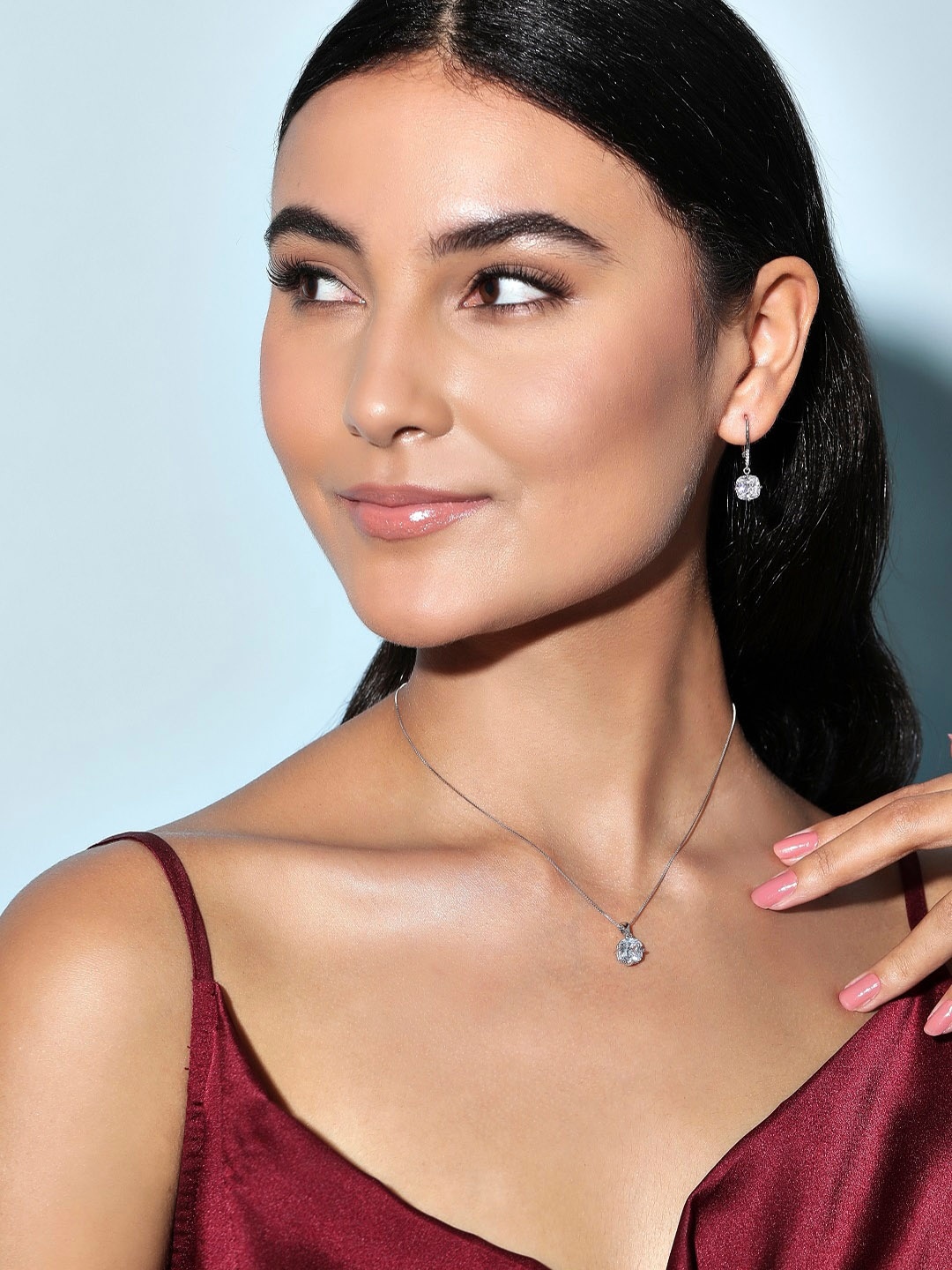 

Rubans Silver Rhodium-Plated Sterling Silver CZ Studded Necklace Set, White