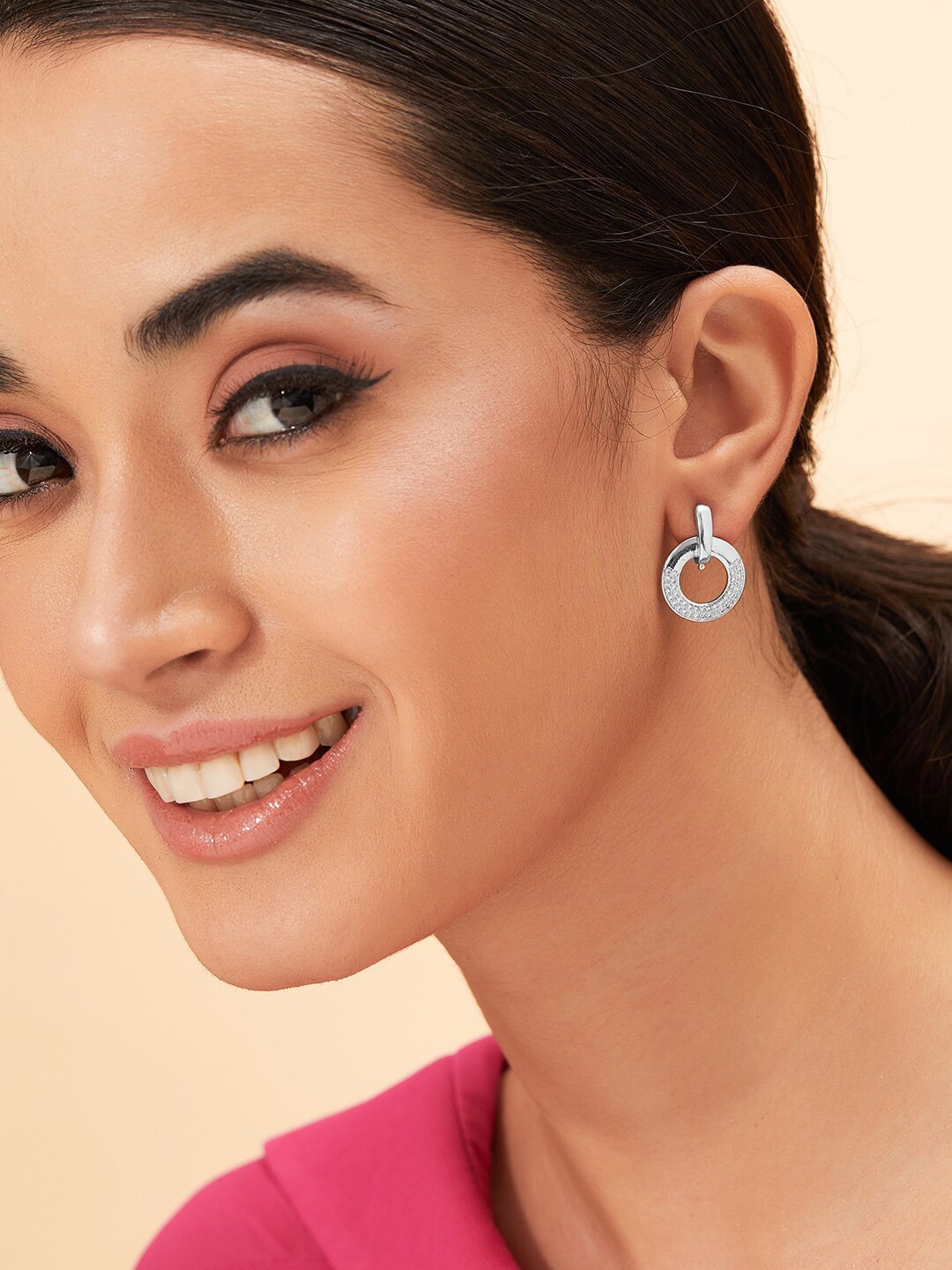 

Rubans Silver 925 Sterling Silver & Rhodium-Plated Circular Drop Earrings, White