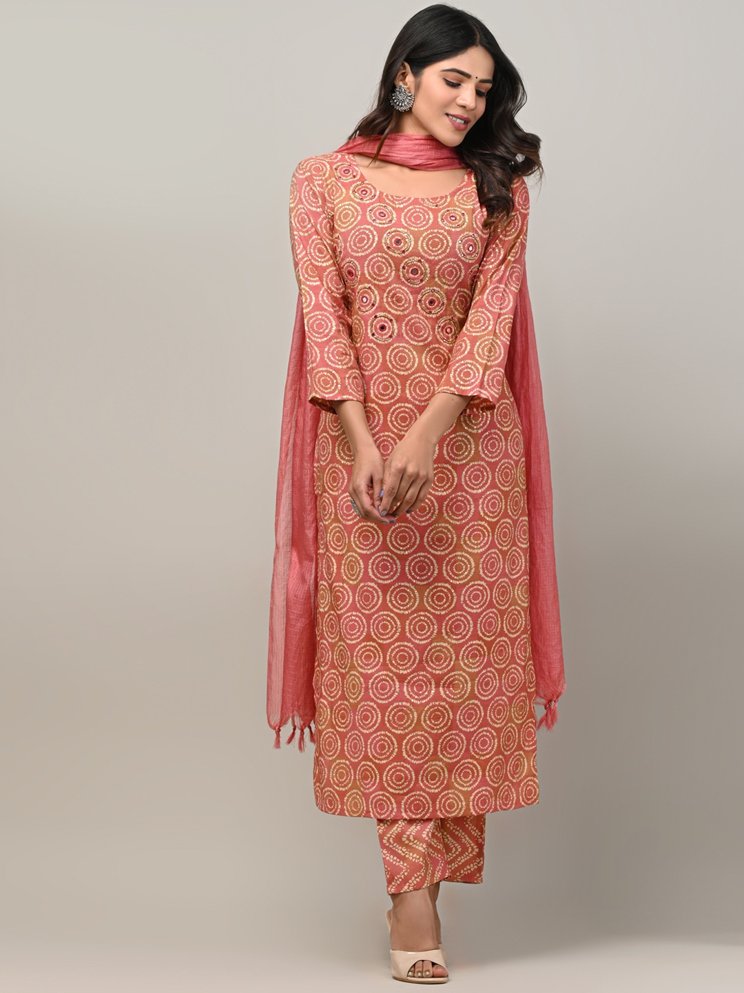 

DHRTI Dyed Mirror Work Chanderi Silk Kurta with Trousers & With Dupatta, Pink