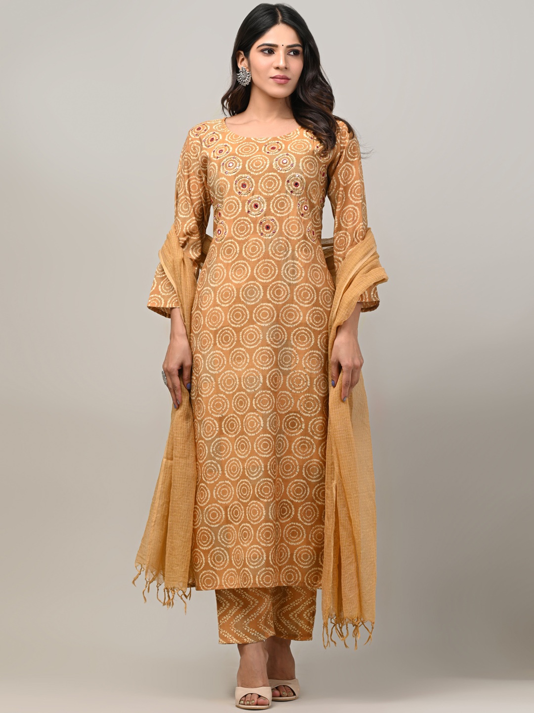 

DHRTI Dyed Mirror Work Chanderi Silk Kurta with Trousers & With Dupatta, Mustard
